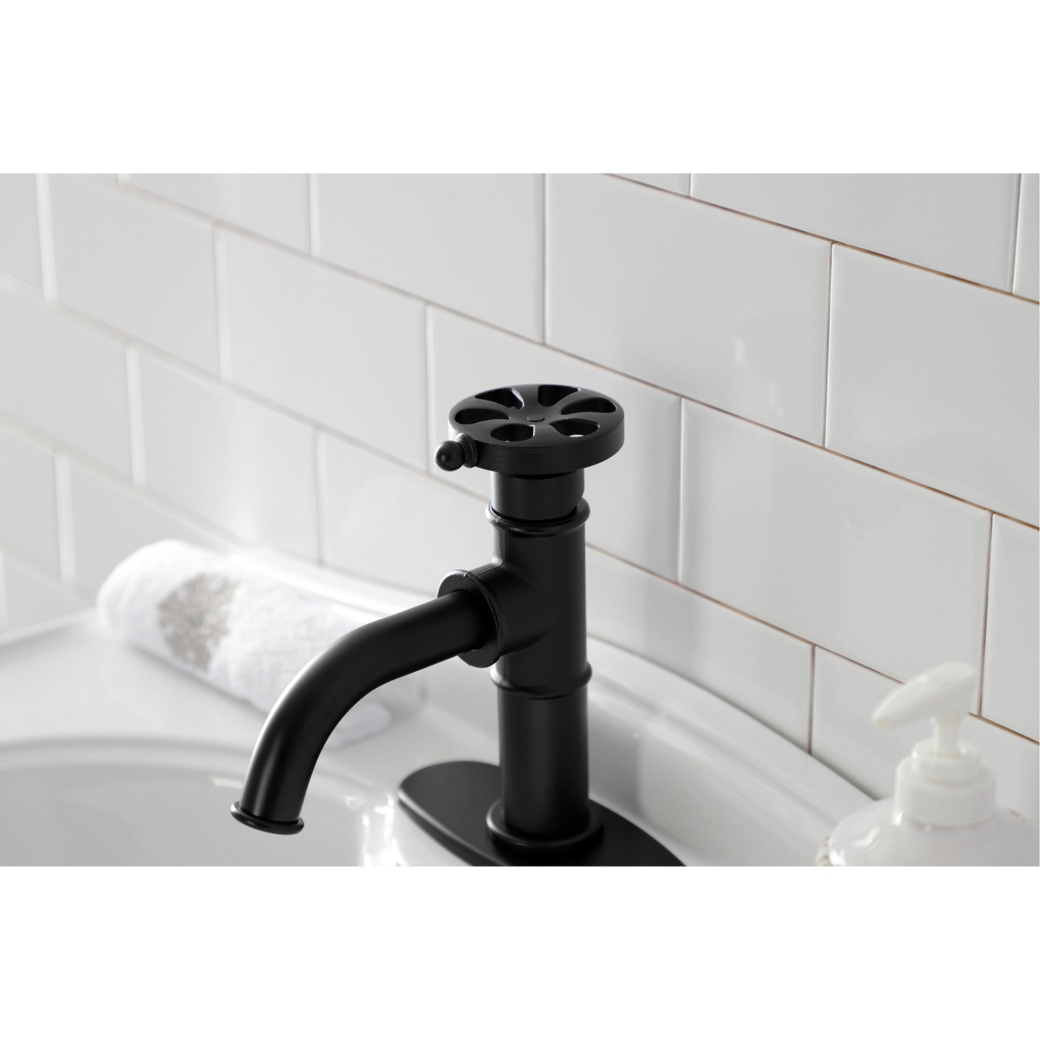 Belknap KSD2820RX Matte Black Single Handle Bathroom Faucet with Deck Plate & Push Pop-Up Drain - Perfect for Modern Bathroom Renovations and Small Space Vanities