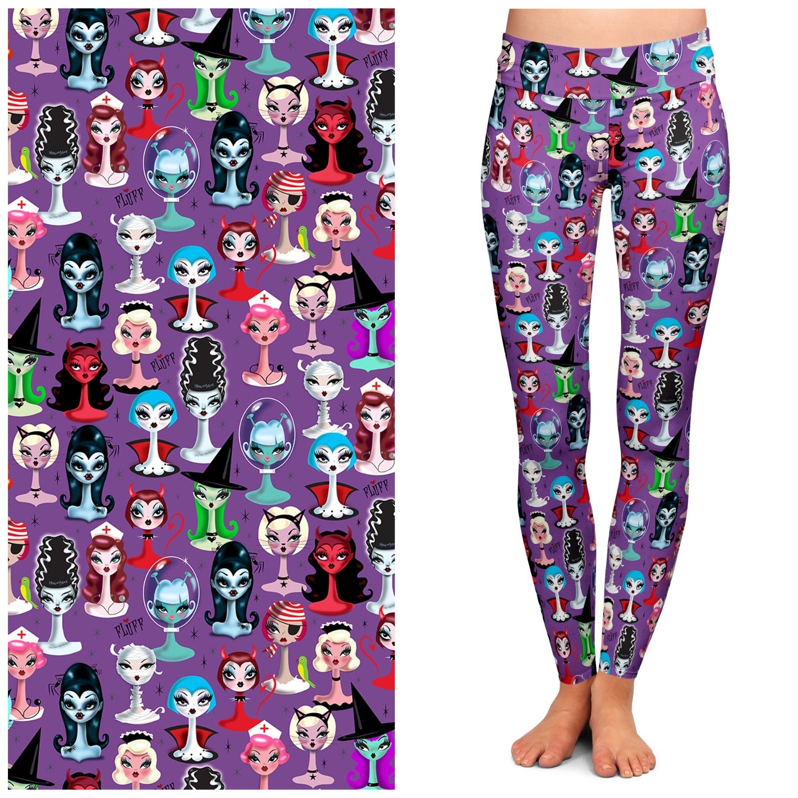 Spooky Dolls Halloween Leggings by Miss Fluff x Lipstick & Chrome - Cute & Creepy Printed Tights for Women, Costume Parties & Cosplay