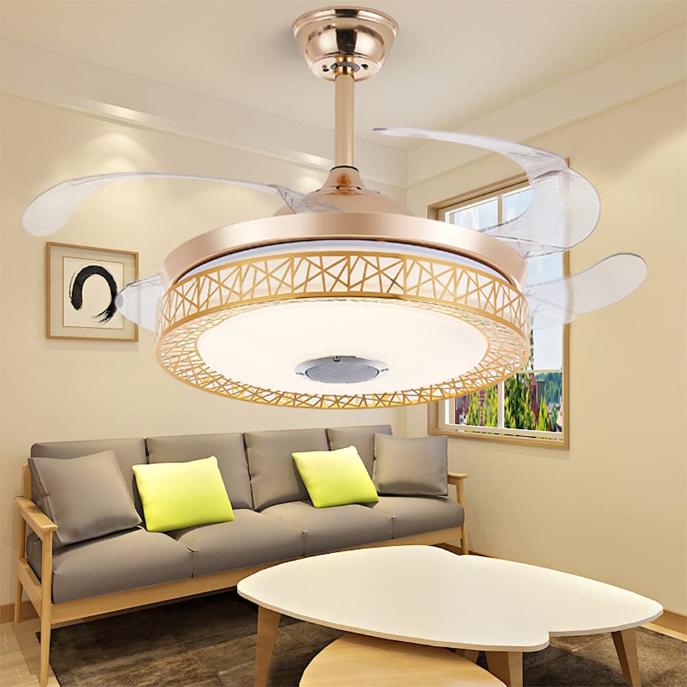 42 Inch Gold LED Ceiling Fan with Light and Remote - 3-Speed Retractable Blades, Bluetooth Music Control - Perfect for Bedroom, Living Room, Restaurant, and Hall Decor