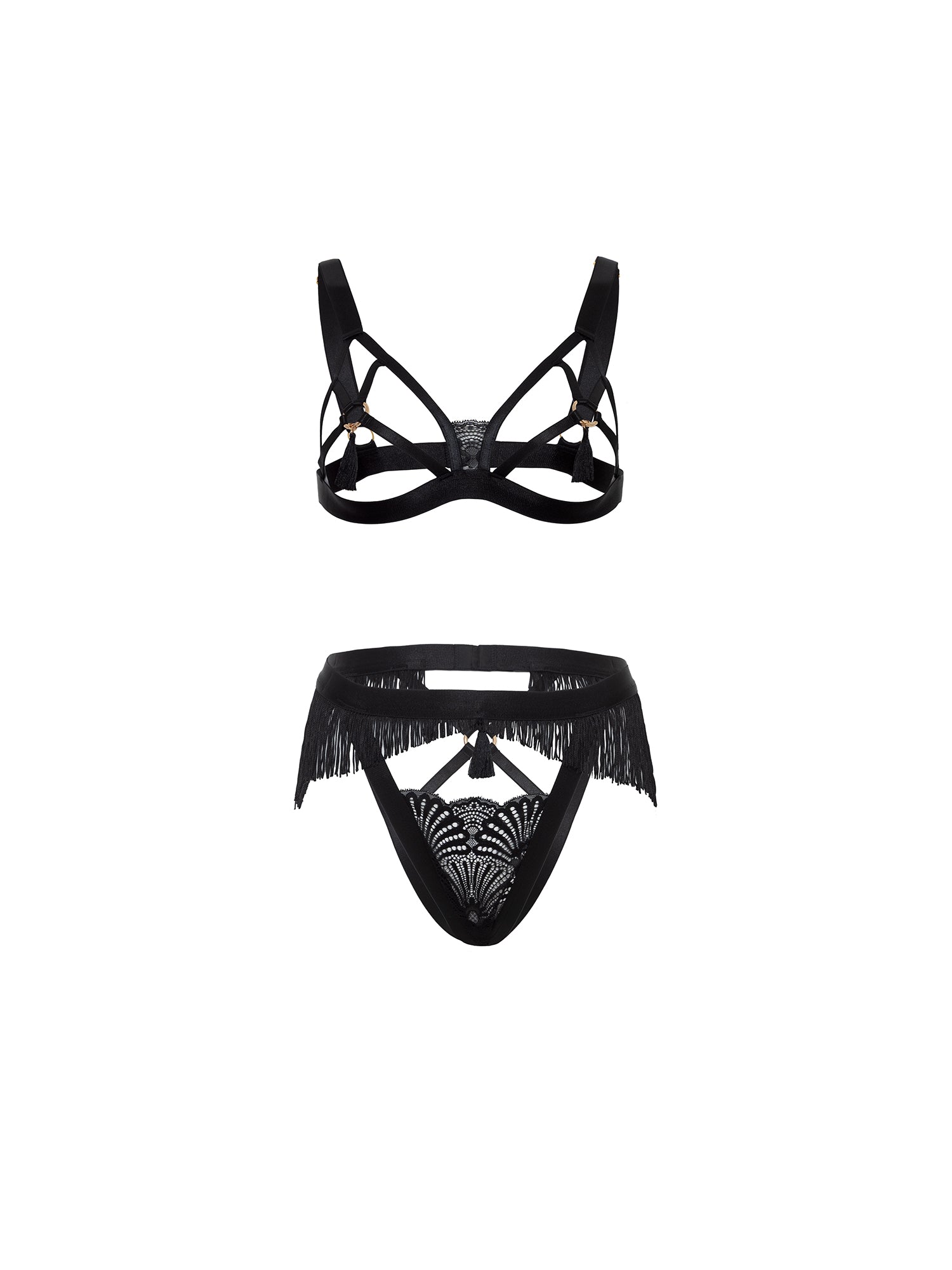 Annika Lace Cage Fringe Bra Set - Sexy Bralette & Panty Set for Women, Lingerie for Date Night, Boudoir, and Special Occasions