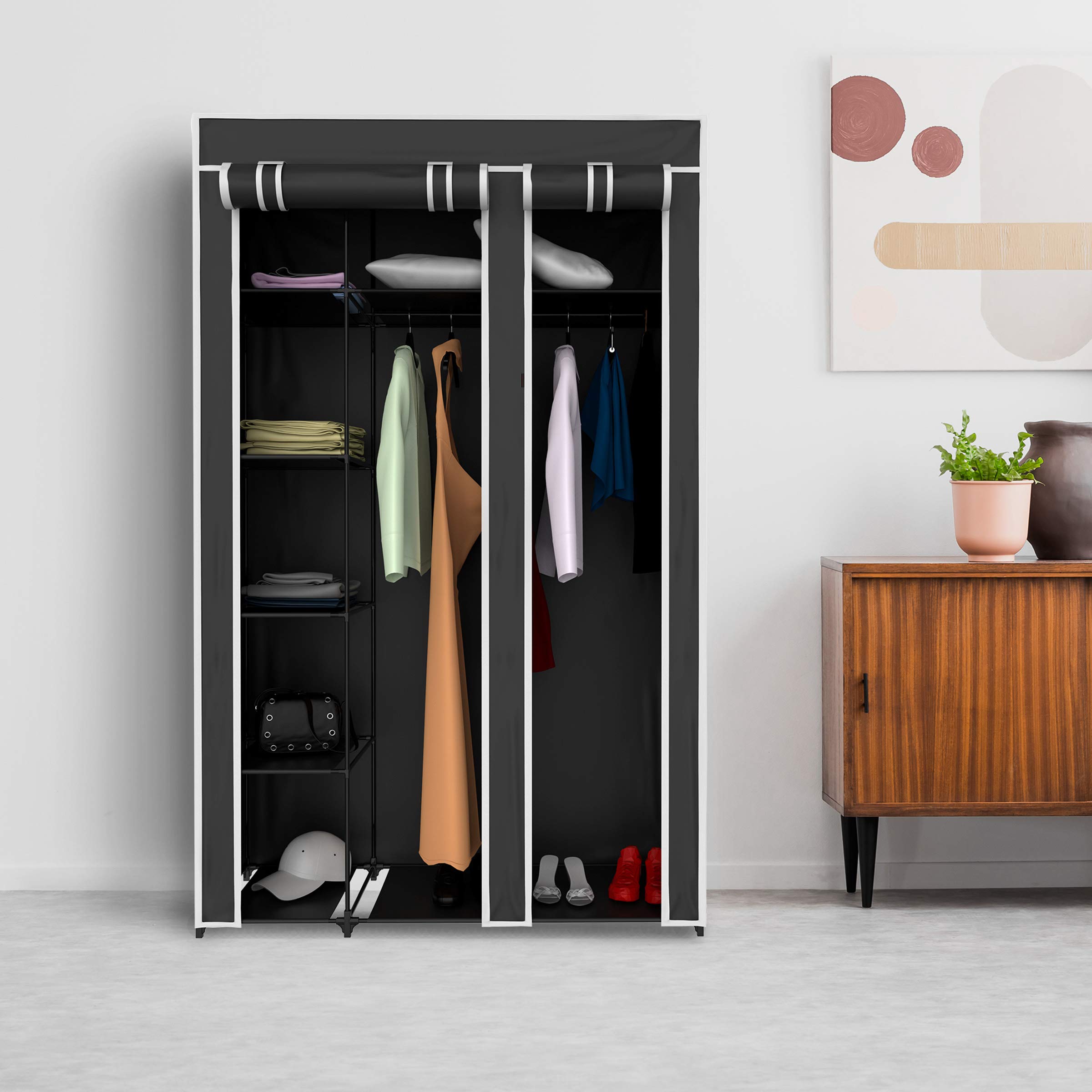 Lavish Home Portable Closet - Freestanding Covered Garment Rack Wardrobe with 5 Shelves & Dust Cover, Metal Frame Clothes Hanger Organizer for Bedroom, Closet, Dorm (Black) - Perfect for Small Spaces & Seasonal Storage
