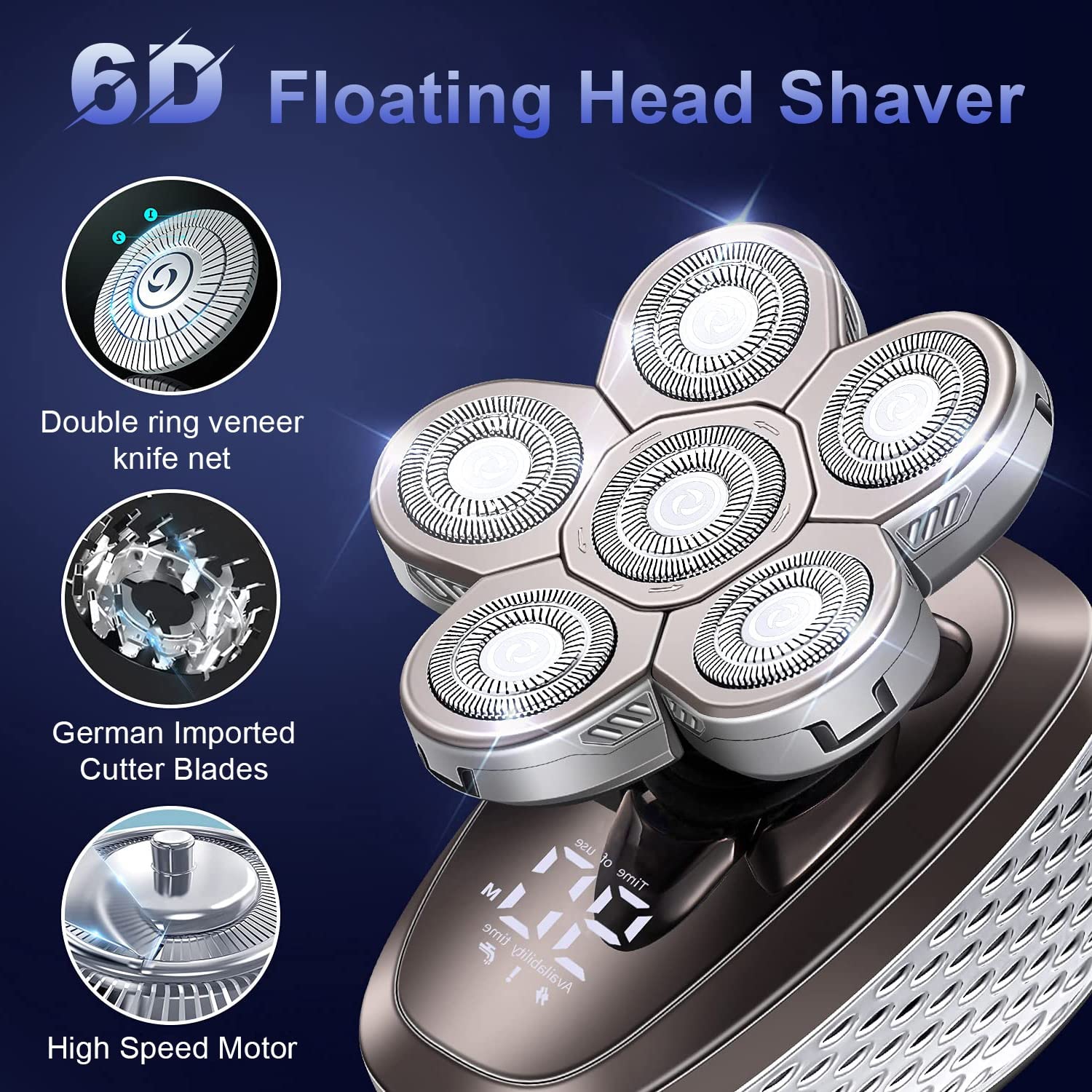 5-in-1 Electric Head Shaver for Bald Men - 6 Blade Touch Sensing Waterproof Rechargeable Razor with LCD Display | Men's Beard Trimmer & Body Groomer (Grey) | Perfect for Travel, Gym & Daily Shaving Routine