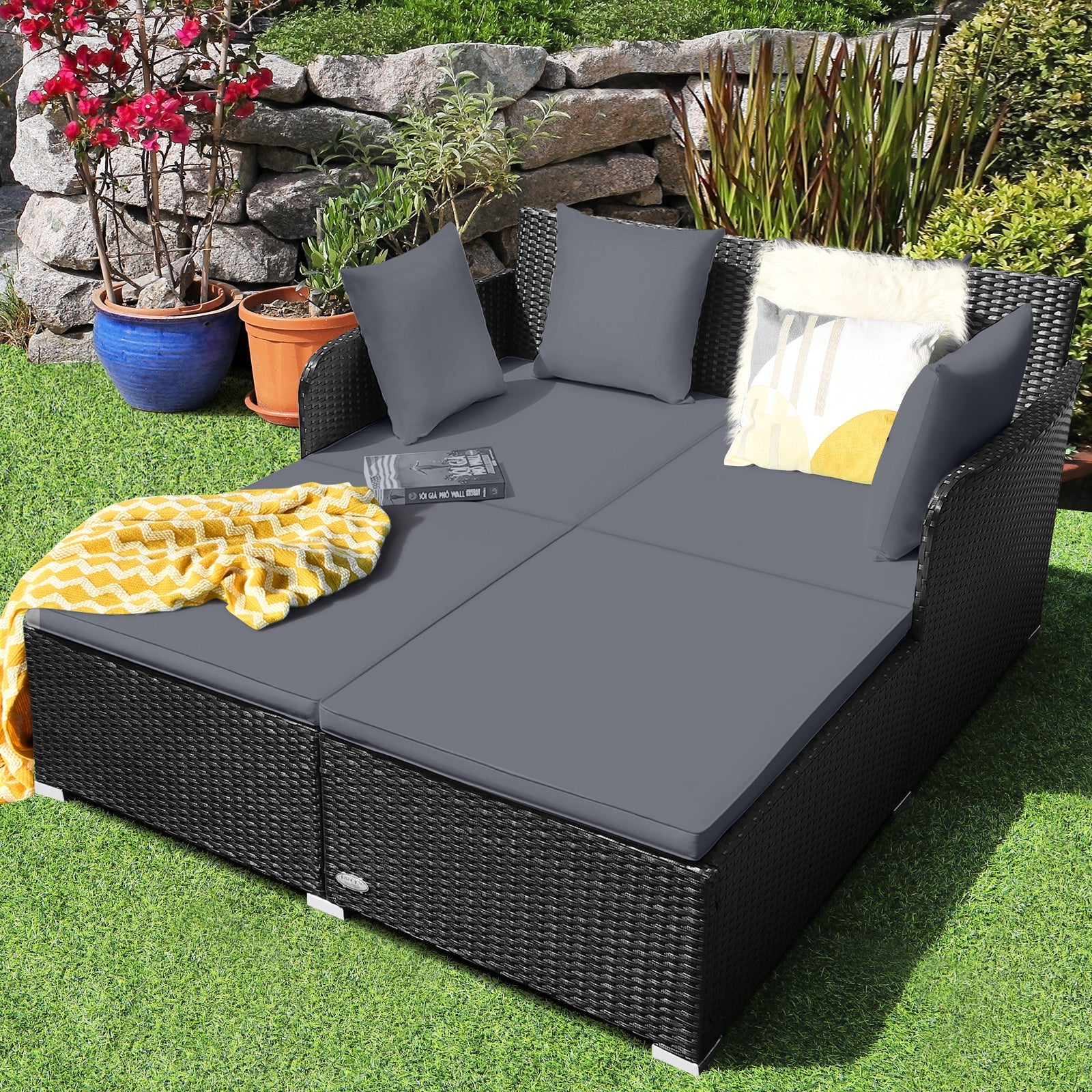 Premium Outdoor Rattan Daybed with Comfortable Upholstered Cushions & Pillows - Gray Patio Furniture for Poolside Lounging, Garden Relaxation, and Backyard Decor