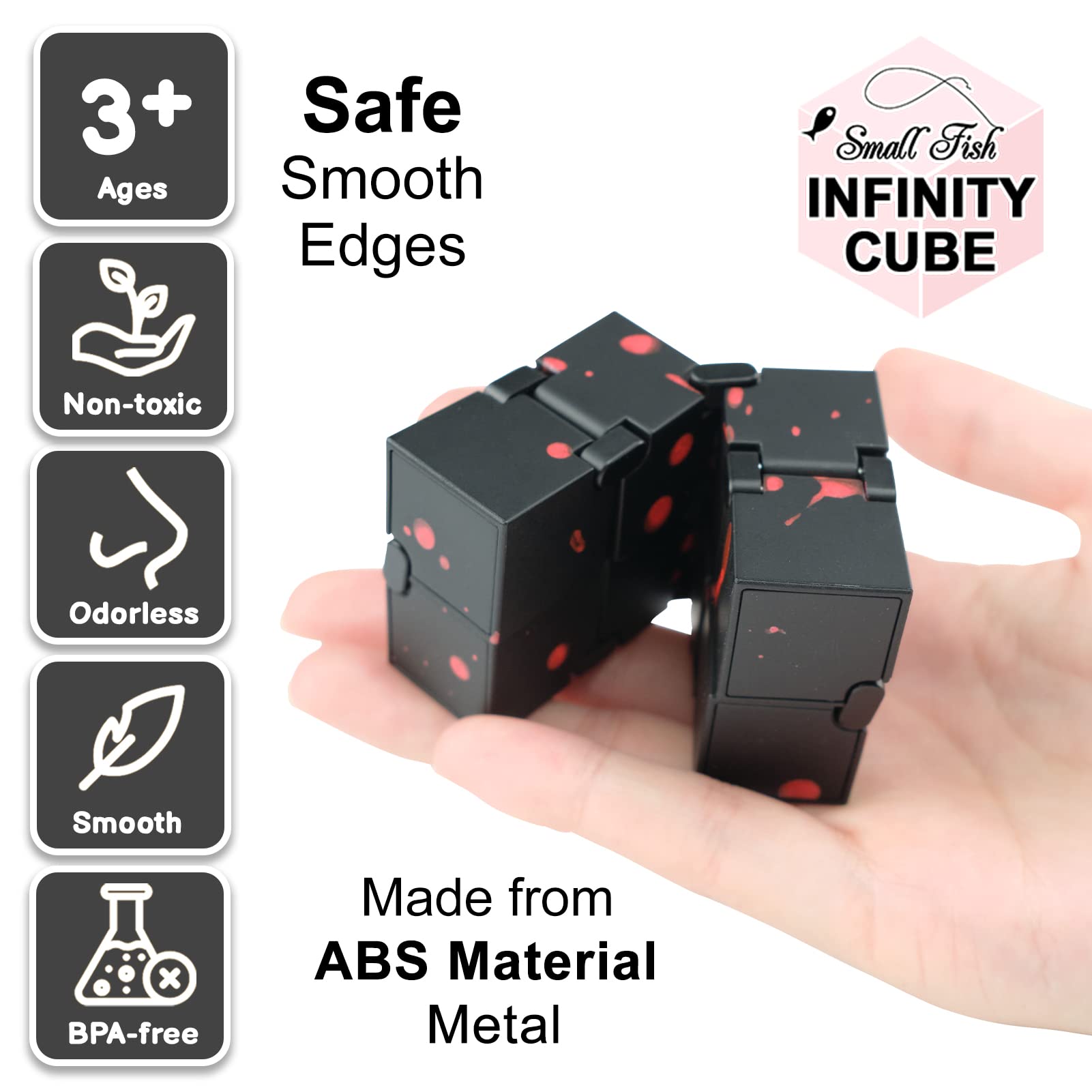 SMALL FISH Fidget Infinity Cube - Durable Metal Sensory Toy for Stress & Anxiety Relief, Perfect for Adults & Kids with Autism & ADHD, Ideal for Office, School & Travel (Black-Red)