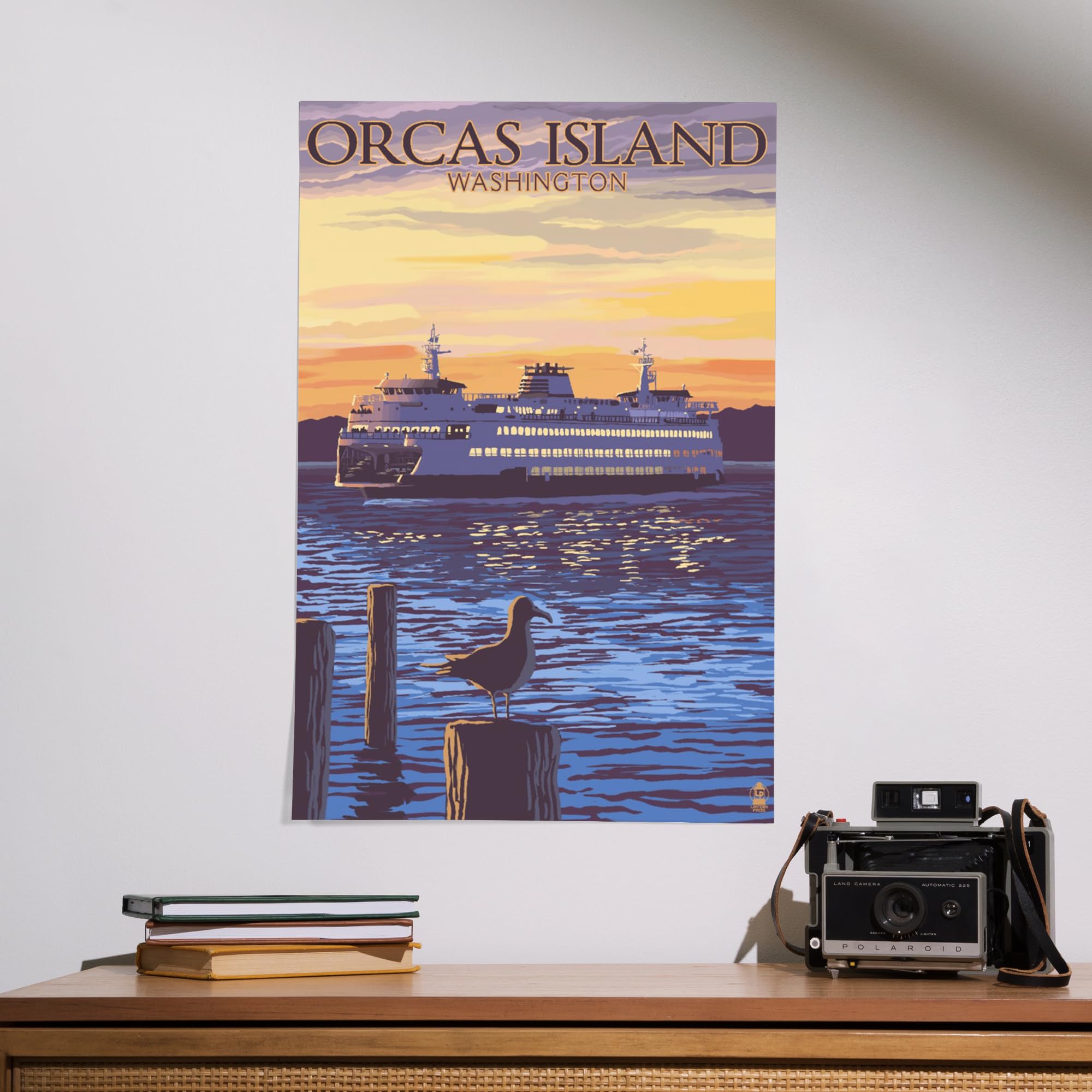 Lantern Press 16x24 Inch Giclee Art Print - Orcas Island Washington Sunset with Ferry and Seagull - Wall Decor for Living Room, Bedroom or Office