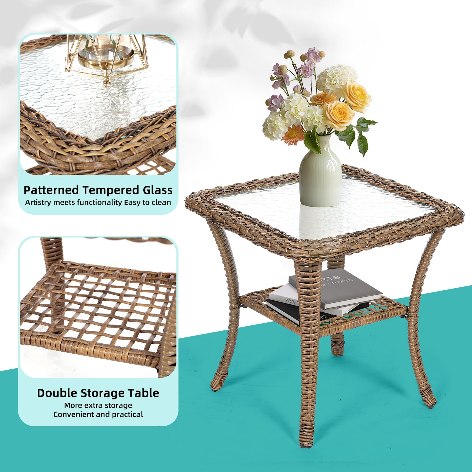 MEETWARM 3-Piece Outdoor Wicker Rocking Chair Set with Cushions & Glass-Top Coffee Table - Rattan Patio Conversation Bistro Set for Porch, Backyard, Garden - Orange | Perfect for Relaxing, Entertaining & Outdoor Lounging