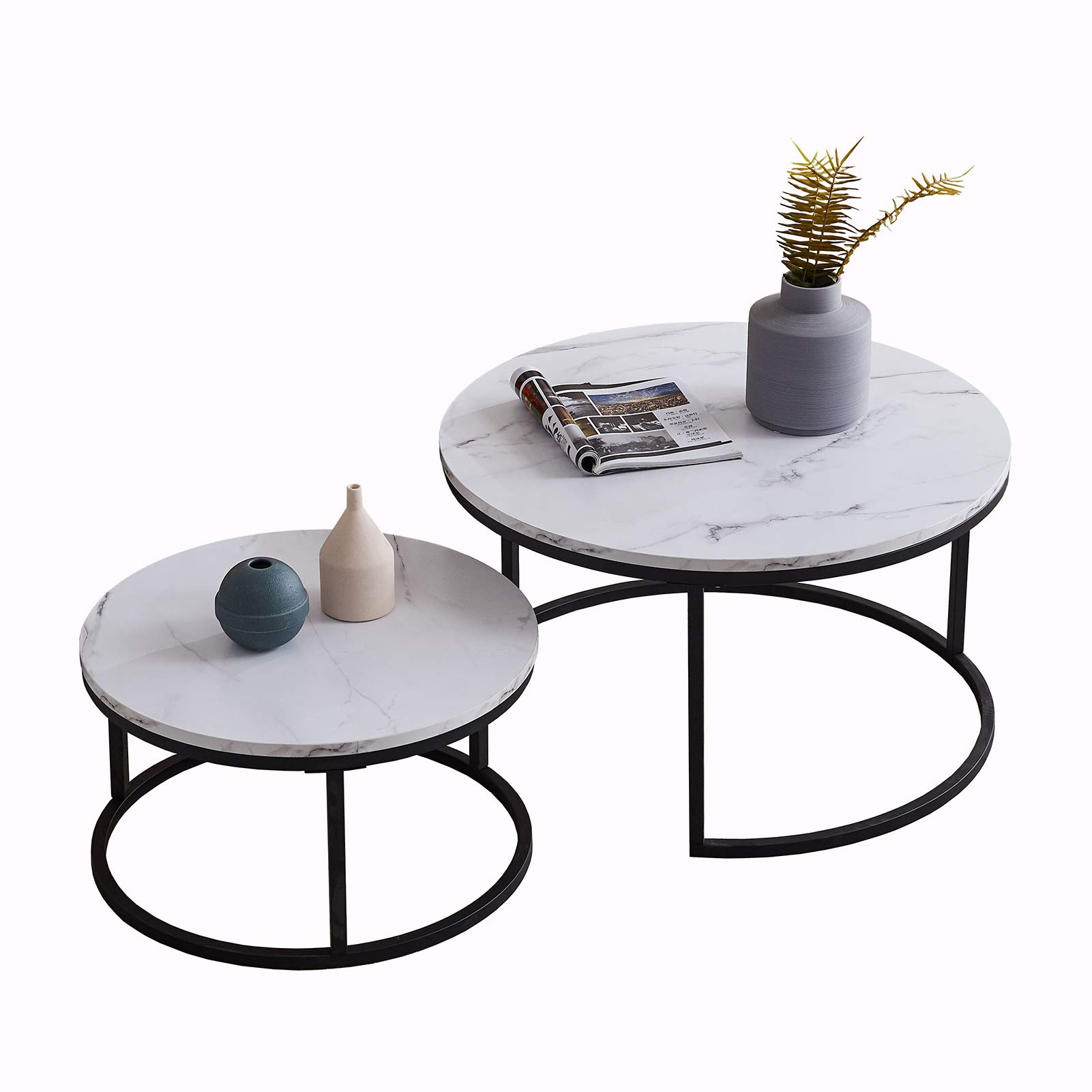 Modern Round Nesting Coffee Table Set - 32 Inch Black Frame with Marble Top, Stylish Black & White Home Decor for Living Room, Lounge, Office | Space-Saving Design