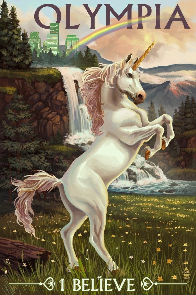 Lantern Press Olympia Washington Unicorn Scene - 16x24 Wrapped Canvas Wall Art for Home Decor | Fantasy Bedroom, Nursery & Living Room Wall Decor