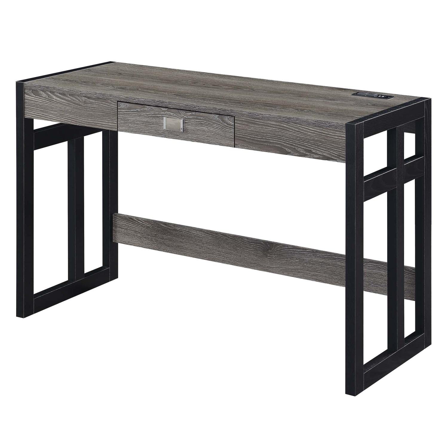 Convenience Concepts Monterey 47-inch Desk with Built-in Charging Station, Weathered Gray & Black - Perfect for Home Office, Study Room & Small Spaces