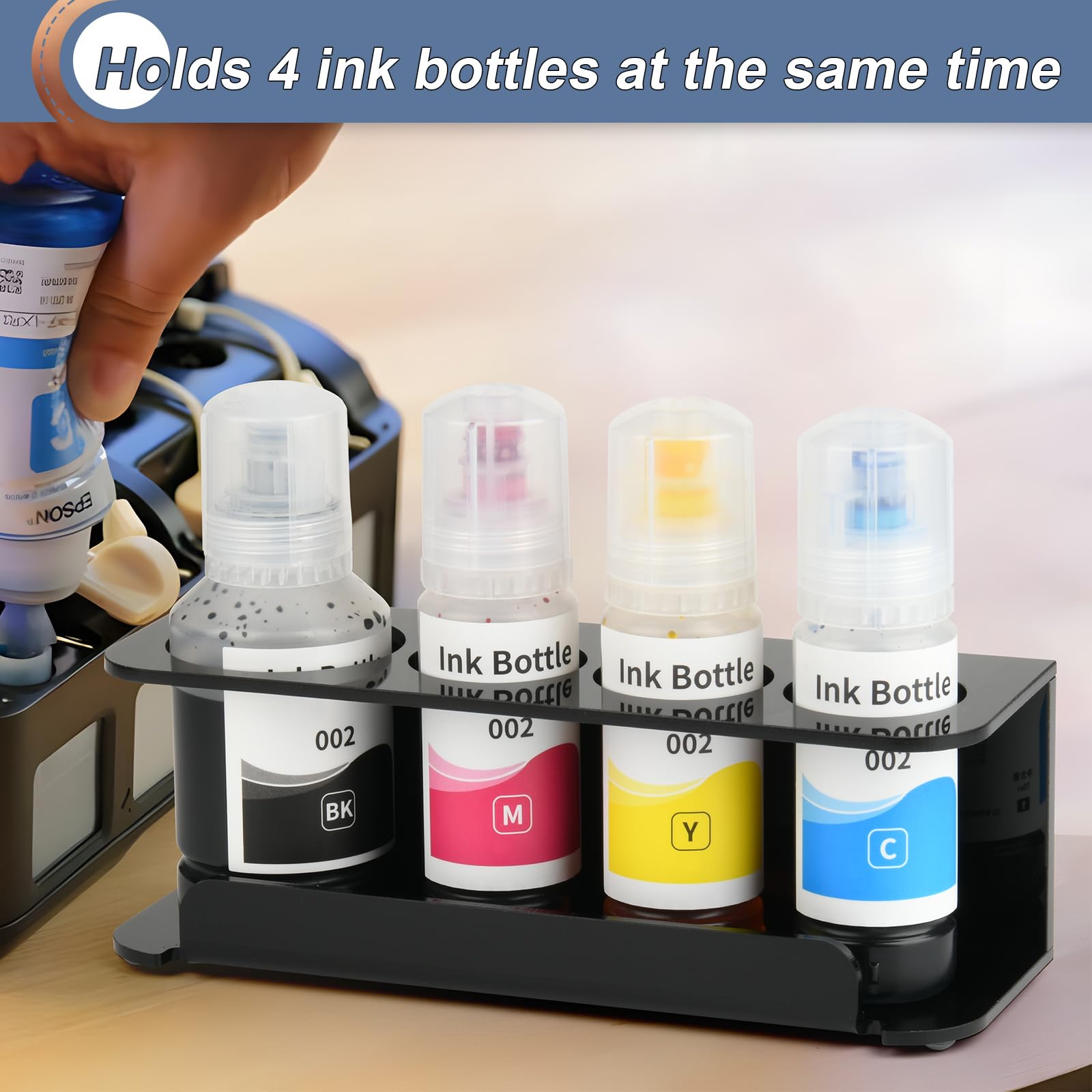 Acrylic Sublimation Ink Bottle Stand Holder - 4 Bottle Storage Organizer for EPSON, HP, Canon - Anti-Tipping Design (Black) | Perfect for Sublimation Printing & Craft Workspaces