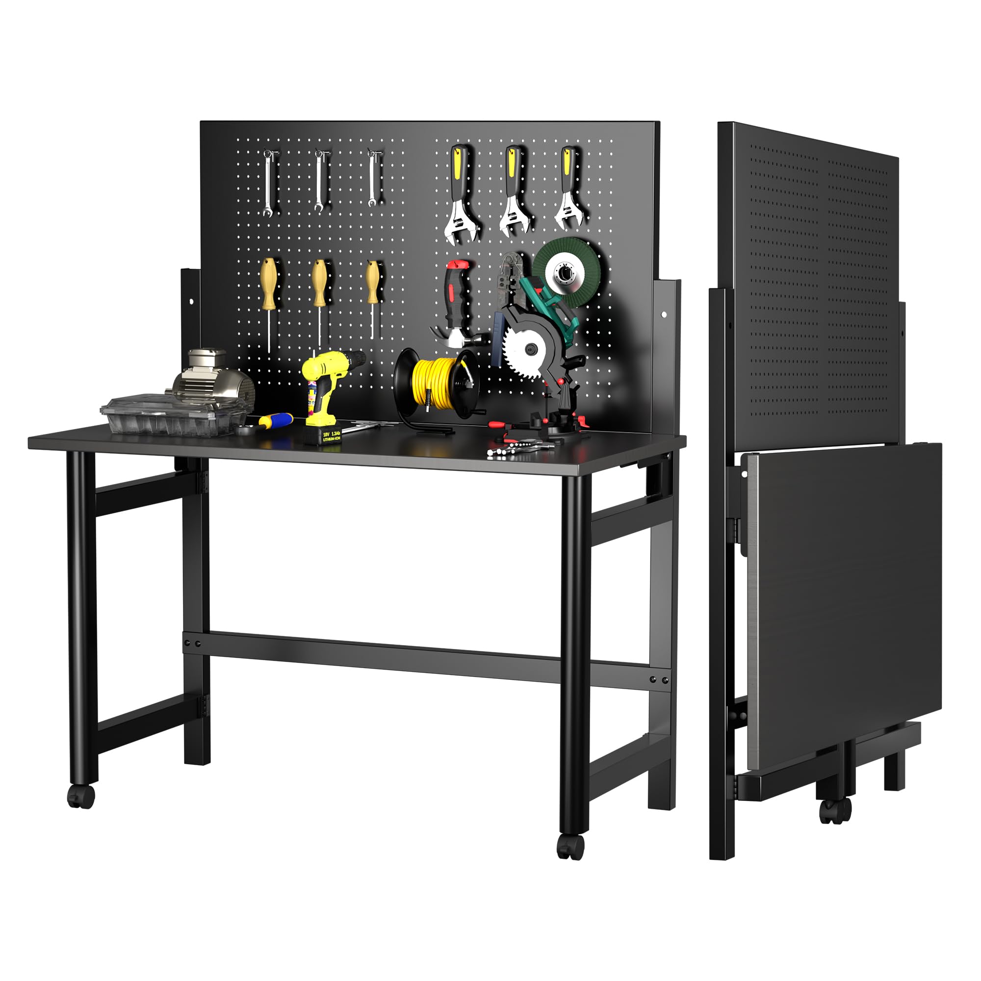 Heavy-Duty Wall-Mounted Workbench with Hooks | Foldable MDF Work Table for Garage, Utility Room & Warehouse | Black Workspace Organizer for DIY Projects & Home Repairs