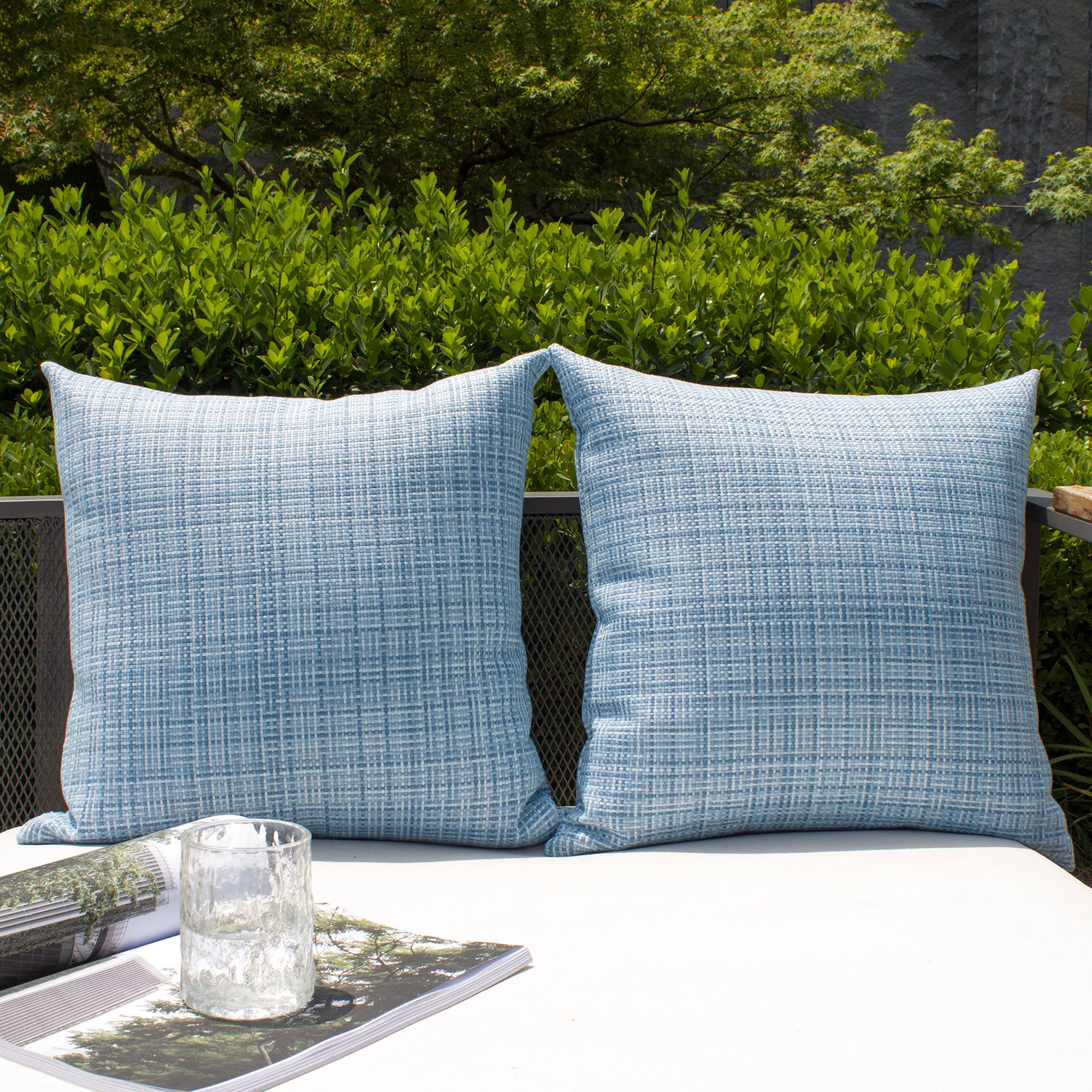 Kevin Textile 2-Pack Waterproof Outdoor Decorative Pillow Covers - 20x20 Inch Stripe Square Cushion Cases for Patio, Couch, Bench - Light Blue - Weatherproof & UV Resistant for Garden, Poolside, and Porch Use