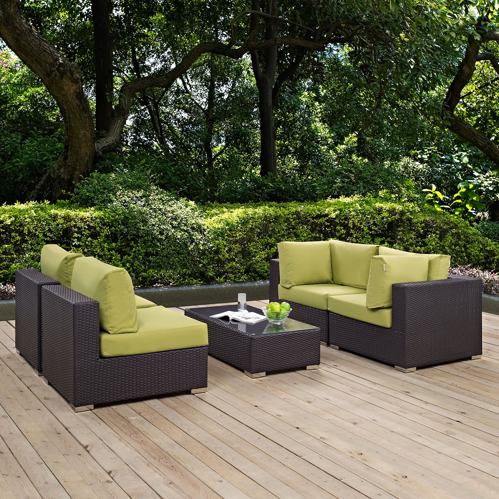 Modway Convene 5-Piece Wicker Rattan Outdoor Patio Furniture Set - Espresso & Peridot Color - Perfect for Backyard, Garden, Poolside or Terrace Relaxation