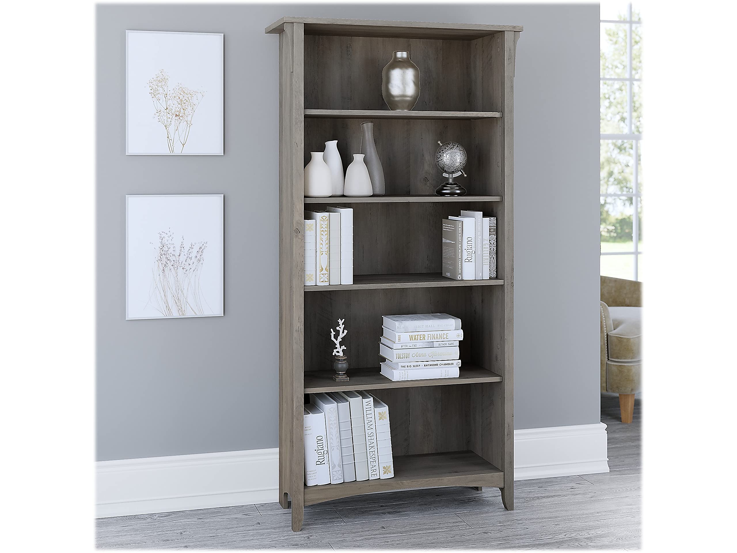 Bush Furniture Salinas 5-Shelf Bookcase in Driftwood Gray - Tall Wooden Bookshelf for Living Room, Home Office, Entryway - Perfect for Organizing Books, Decor & Storage Needs