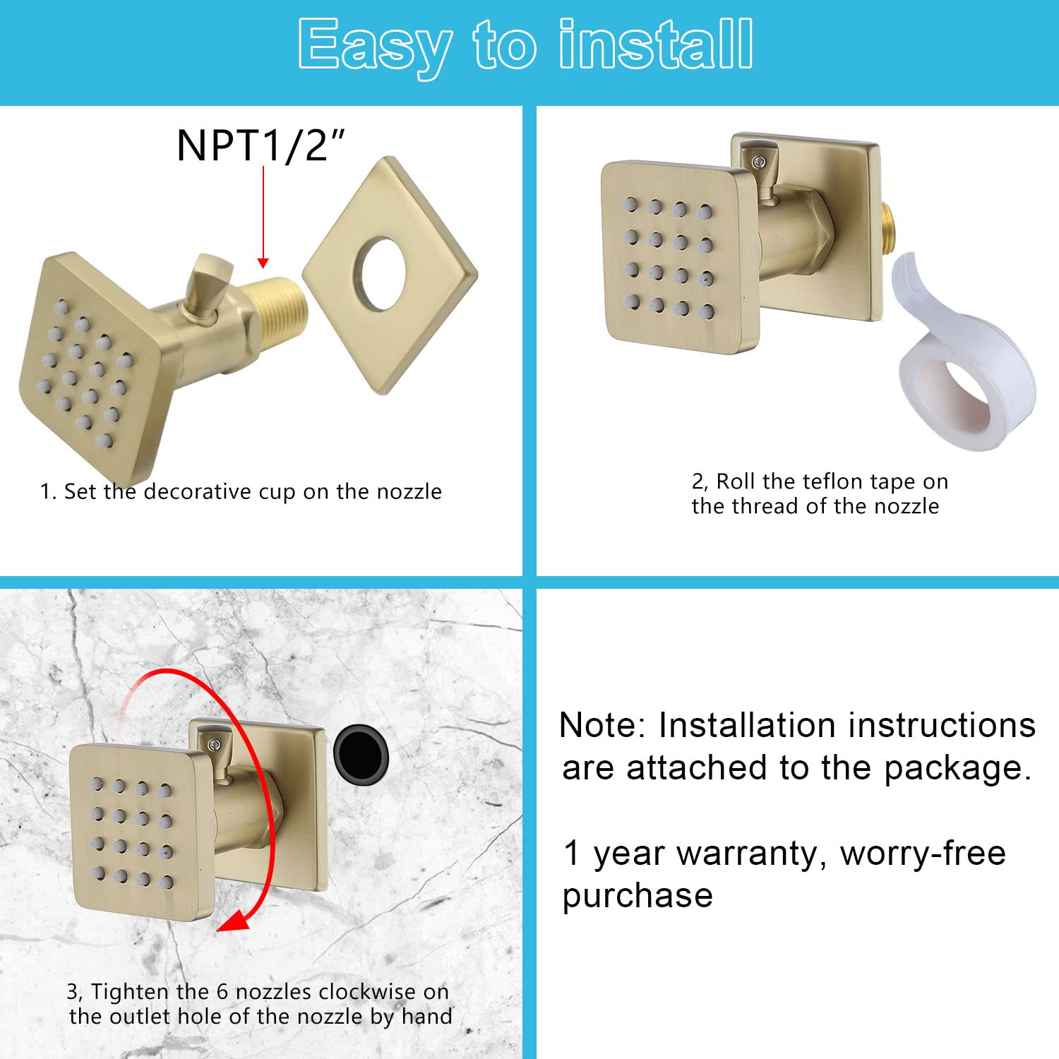 Premium 6-Piece Solid Brass Square Shower Body Spray Set with On/Off Switch - Brushed Gold Wall Mount Massage Nozzle Jets - Adjustable Flow & Swivel Showerhead for Luxurious Spa-Like Bathroom Experience