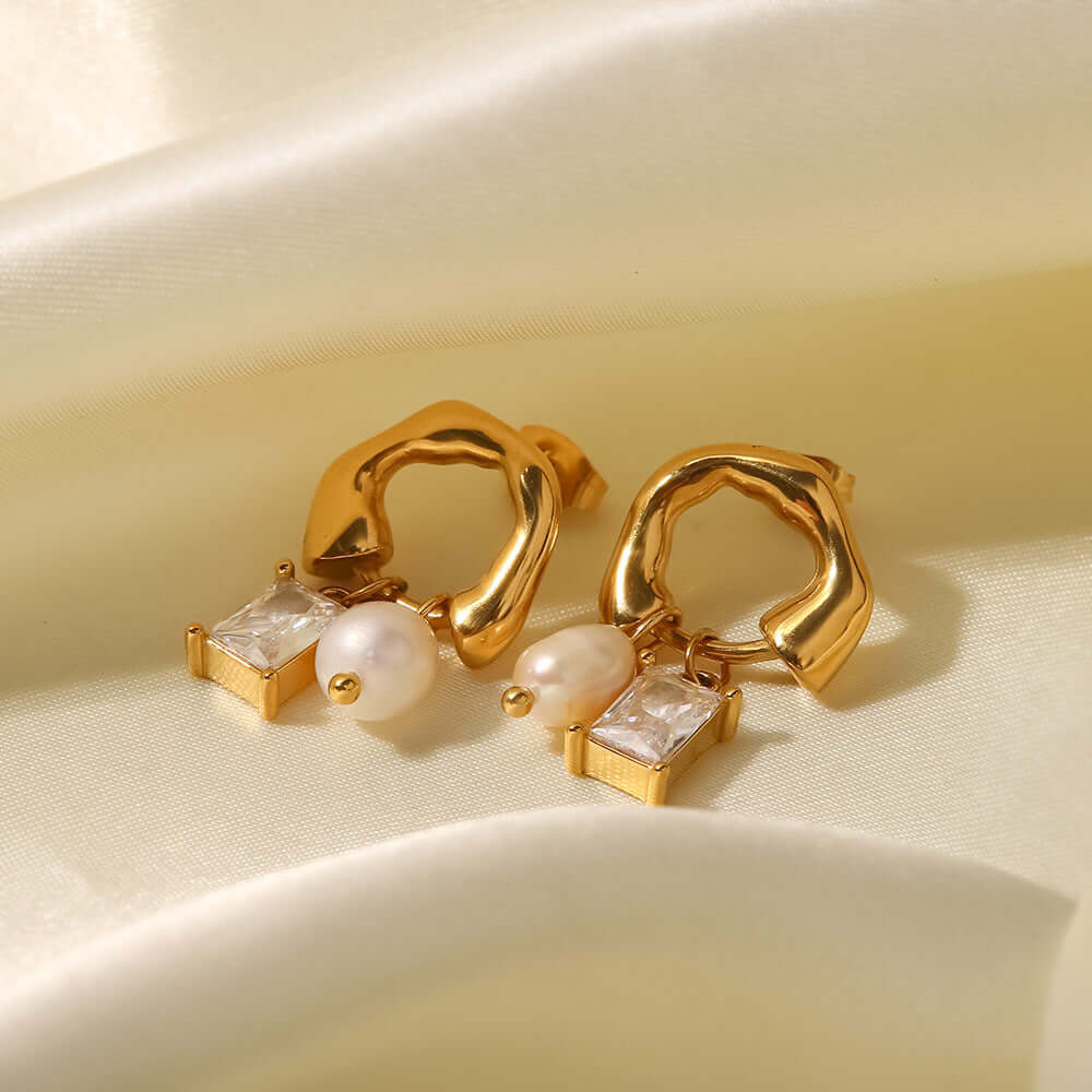 18K Gold Pearl Baguette Huggie Hoop Earrings for Women | Elegant Dainty Pearl Stud Earrings | Perfect for Weddings, Parties & Everyday Wear (JDE251)