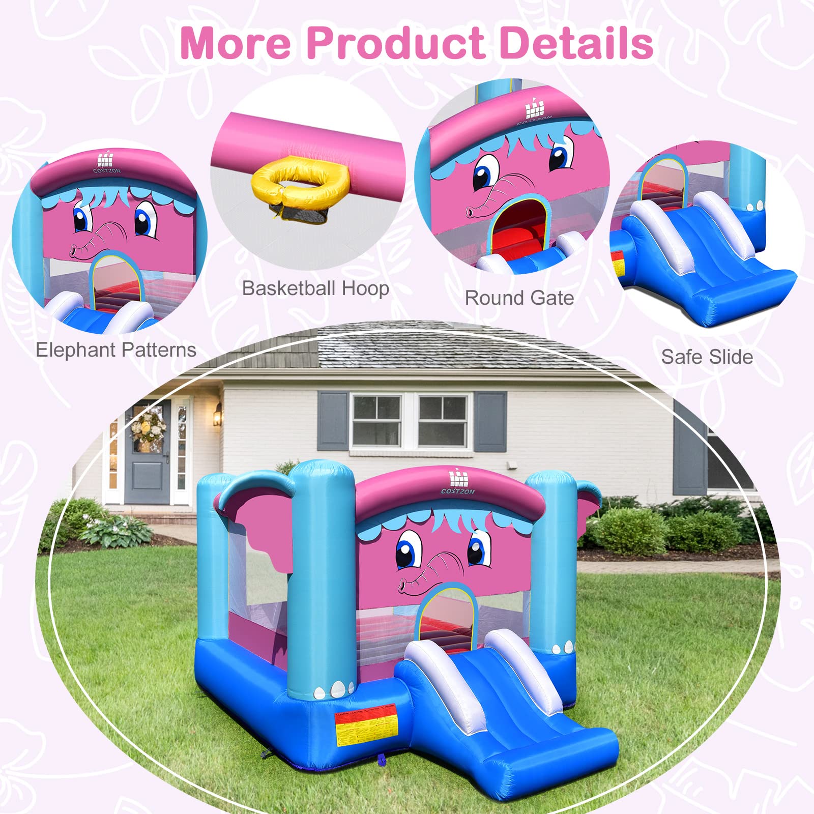 Costzon Inflatable Bounce House with 480W Blower - Elephant Theme Bouncy Castle for Kids Indoor/Outdoor Play, Birthday Parties & Backyard Fun | Includes Basketball Hoop | Portable Toddler Jumping Castle for Family Gatherings & Outdoor Activities