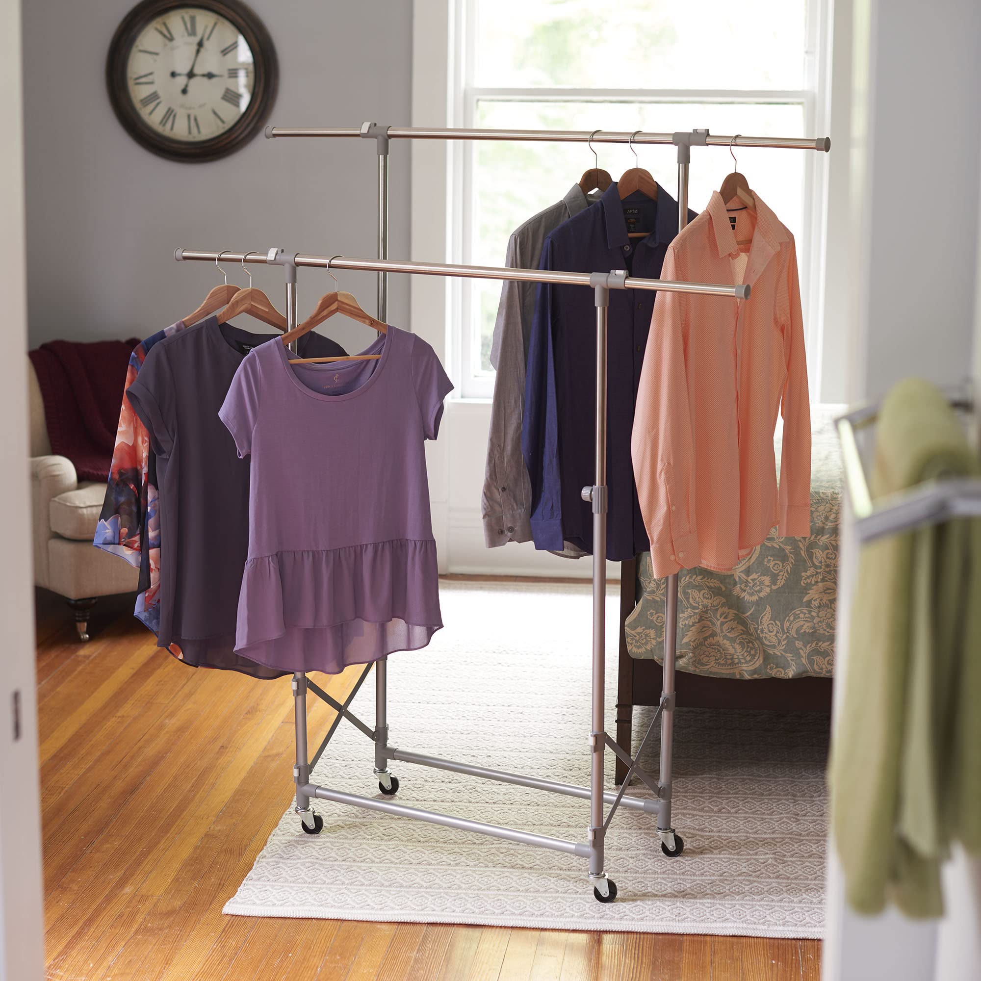 Premium Folding Double Garment Rack with Wheels - Heavy Duty Clothes Drying Rack for Laundry Room, Bedroom & Closet Organization | Space Saving Silver Garment Stand for Hanging Clothes, Towels & Coats (Ideal for Apartments, Dorms & Small Spaces)