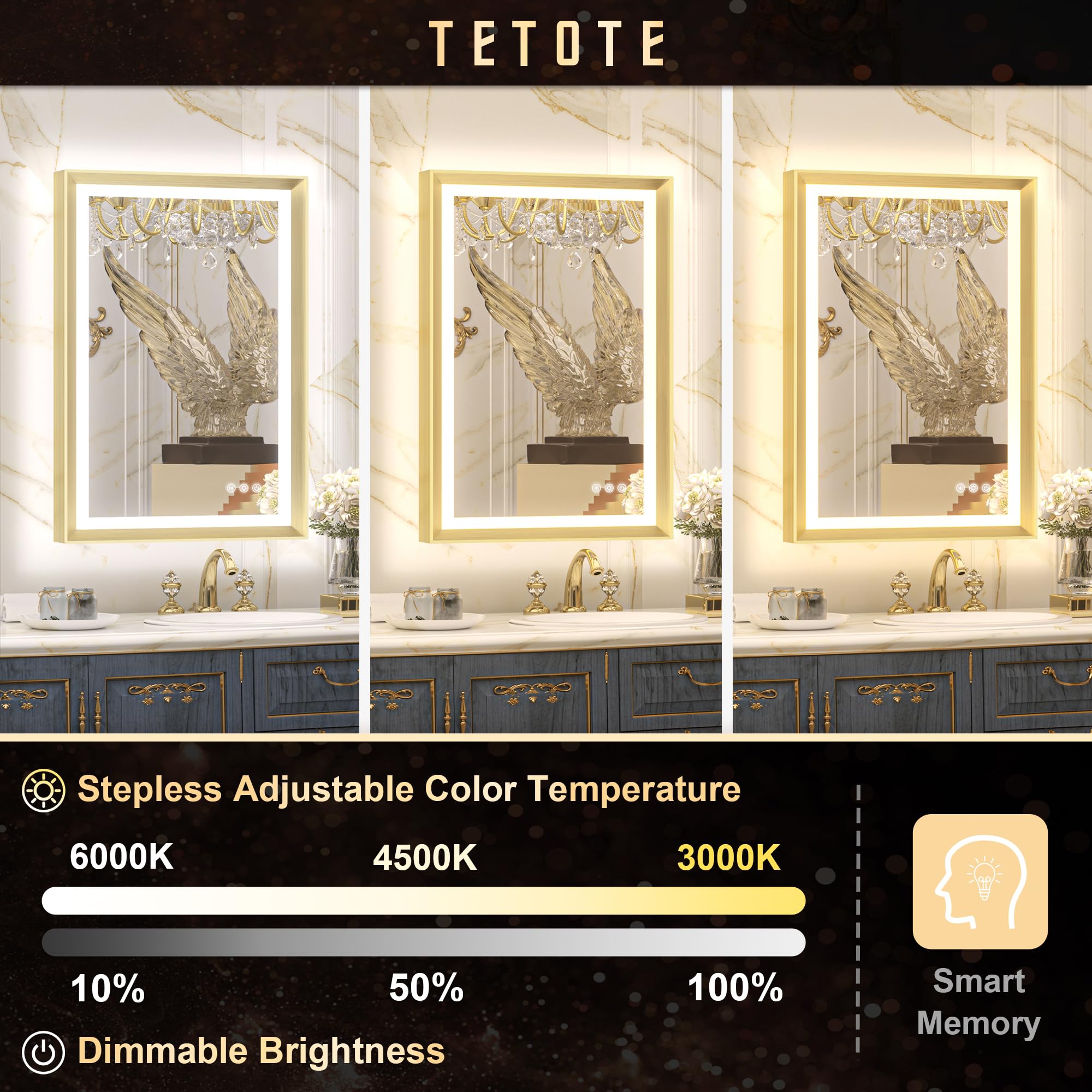 Gold LED Bathroom Mirror with Lights - 28x36 Inch Frontlit & Backlit Vanity Mirror, Baroque Style, Anti-Fog, Stepless Dimmable (White/Warm/Natural Light), CRI90+, Waterproof, Wall Mounted (Horizontal/Vertical) - Perfect for Makeup, Shaving & Home Decor