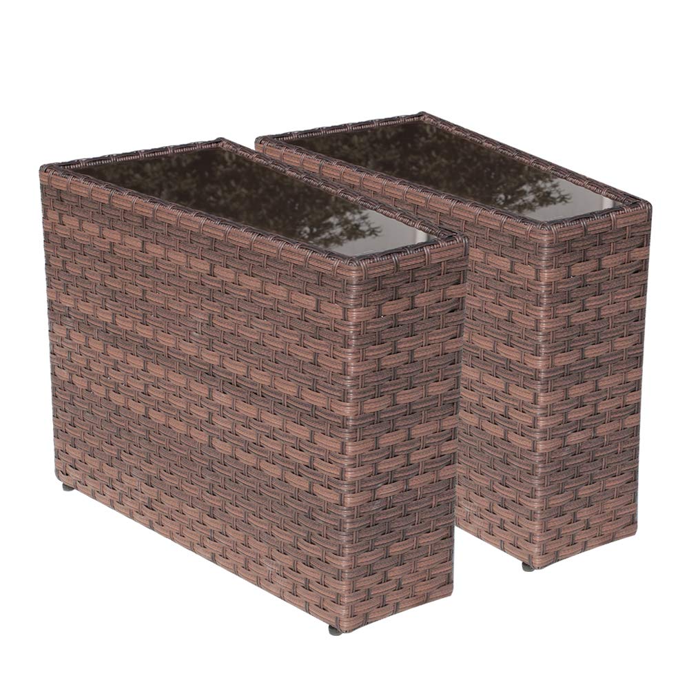 SUNSITT 2-Pack Rattan PE Resin Wicker Patio Side Tables with Tempered Glass Top - Brown Sofa Wedge End Tables for Outdoor & Indoor Living Room, Balcony, Garden Decor