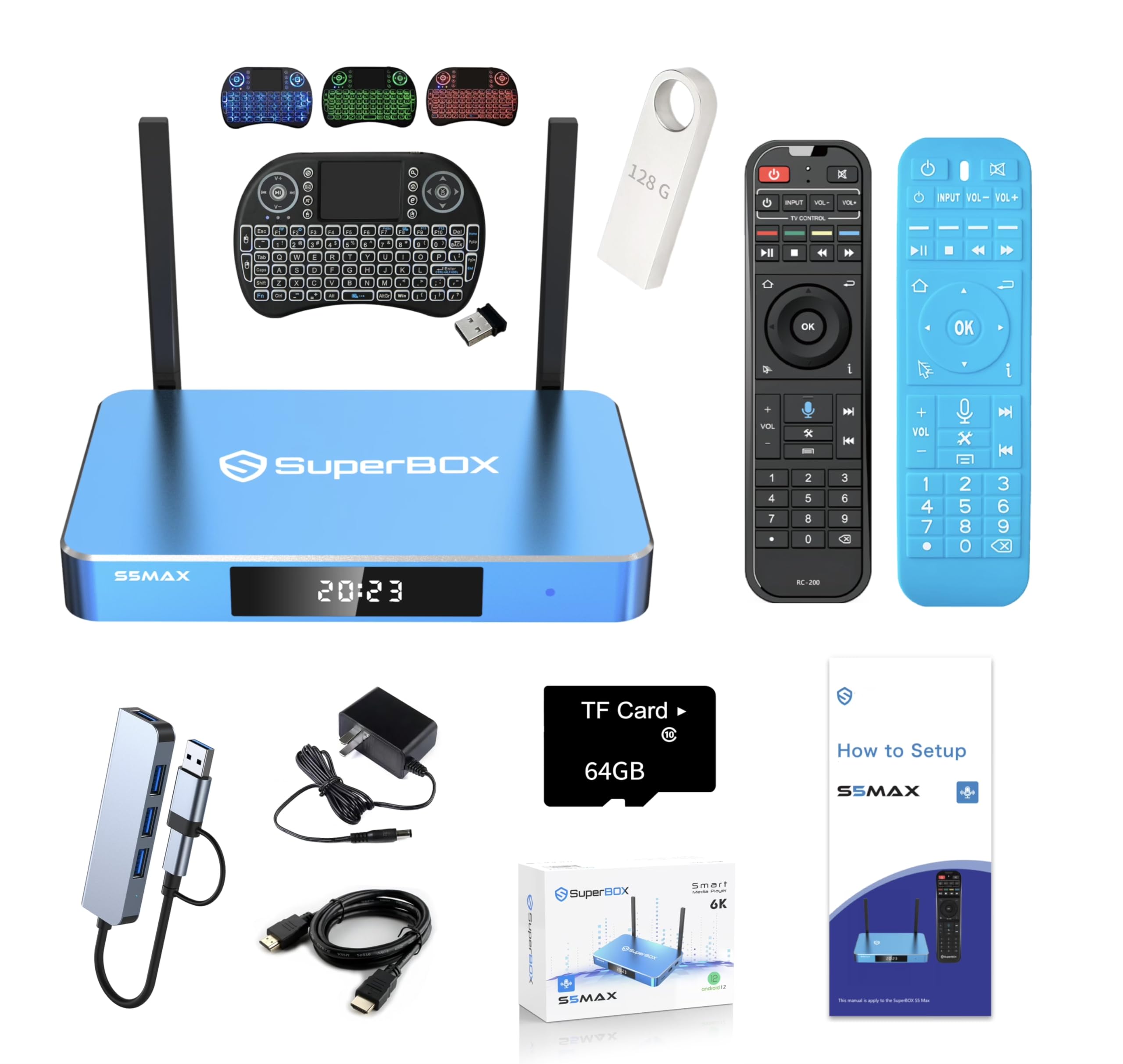 2024 S5 MAX & S5 PRO Android TV Box Super Bundle - 4K Streaming Media Player with Voice Remote, Mini Keyboard, 128GB USB + 64GB TF Card, Multiport Hub & Ethernet Cable (Official Authorized) - Perfect for Home Theater, Gaming & Smart TV Entertainment
