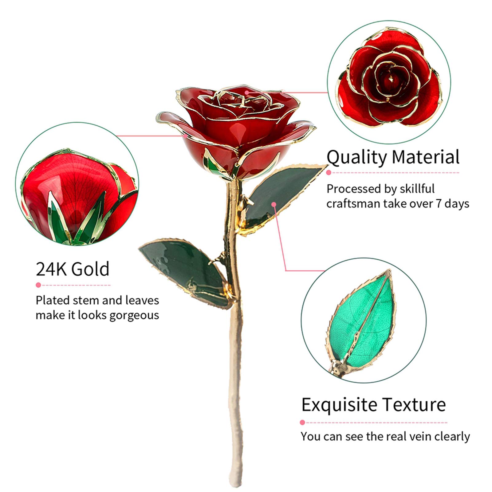 24K Gold Dipped Rose in Gift Box - Real Golden Rose with Long Stem & Green Leaf - Luxury Valentine's Day Gift for Her - Perfect for Anniversaries, Weddings & Romantic Occasions