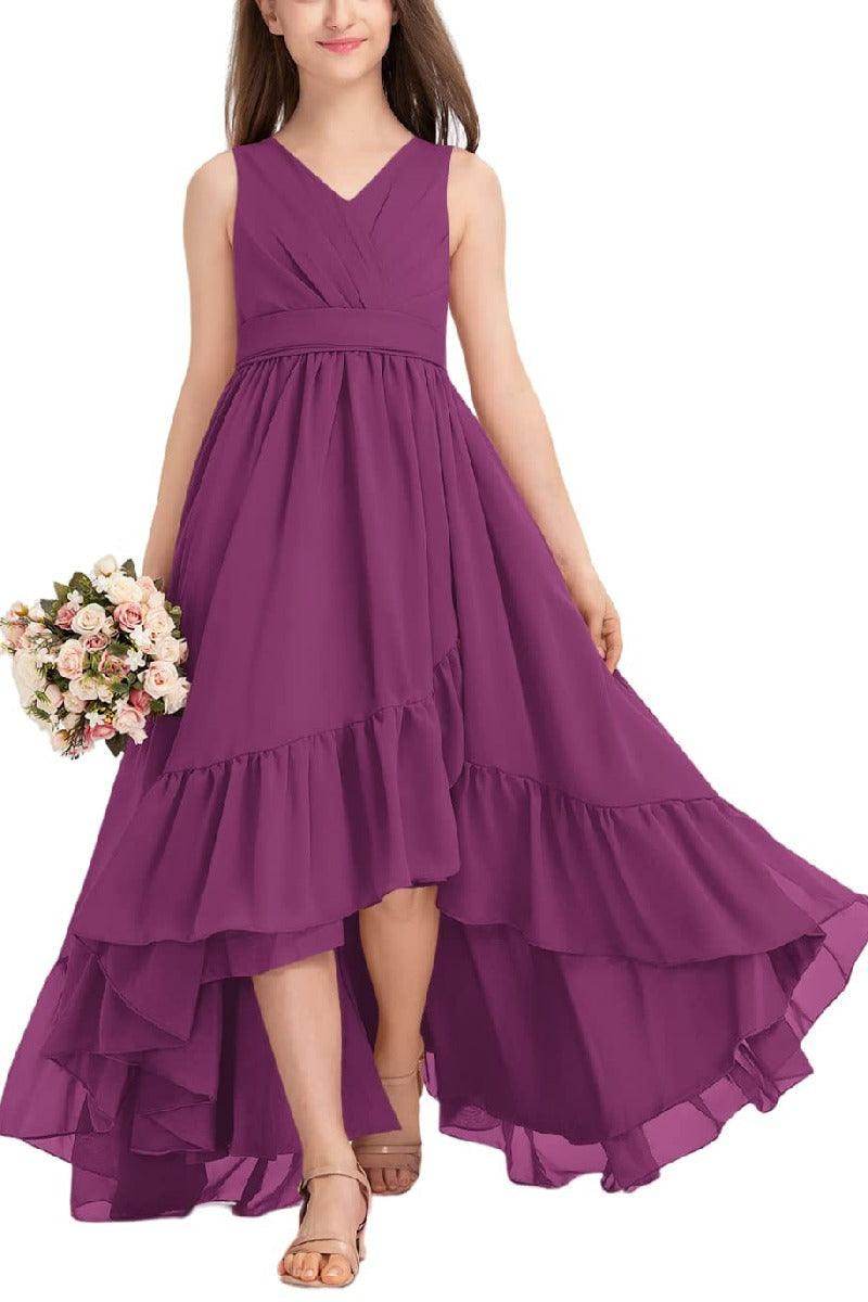 Junior Bridesmaid Dress High Low Chiffon Gown - Elegant Tea-Length Formal Gown for Weddings, Prom & Special Occasions