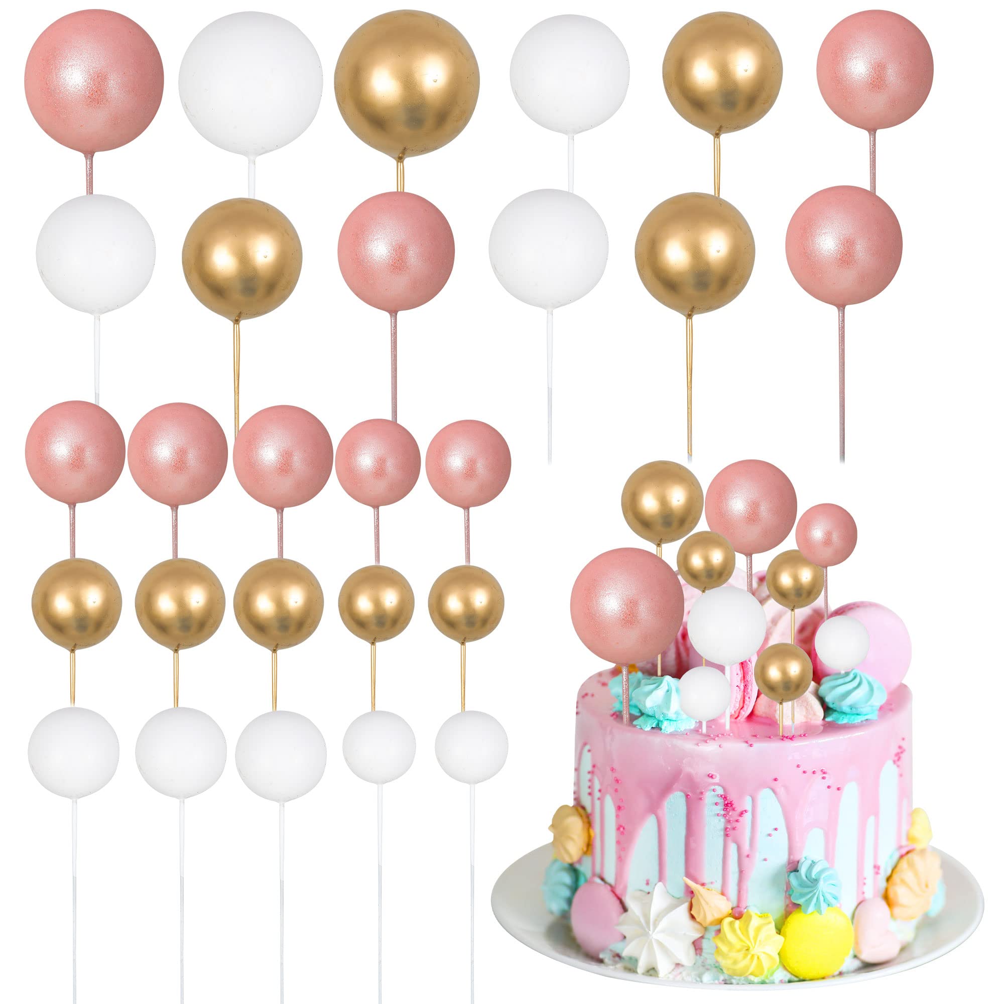 30Pcs Mini Balloon Cake Toppers - Rose Gold & White Gold Foam Ball Cake Decorations for Birthday Party, Baby Shower, Wedding & Anniversary Celebrations - Perfect for DIY Dessert Decor and Special Event Centerpieces