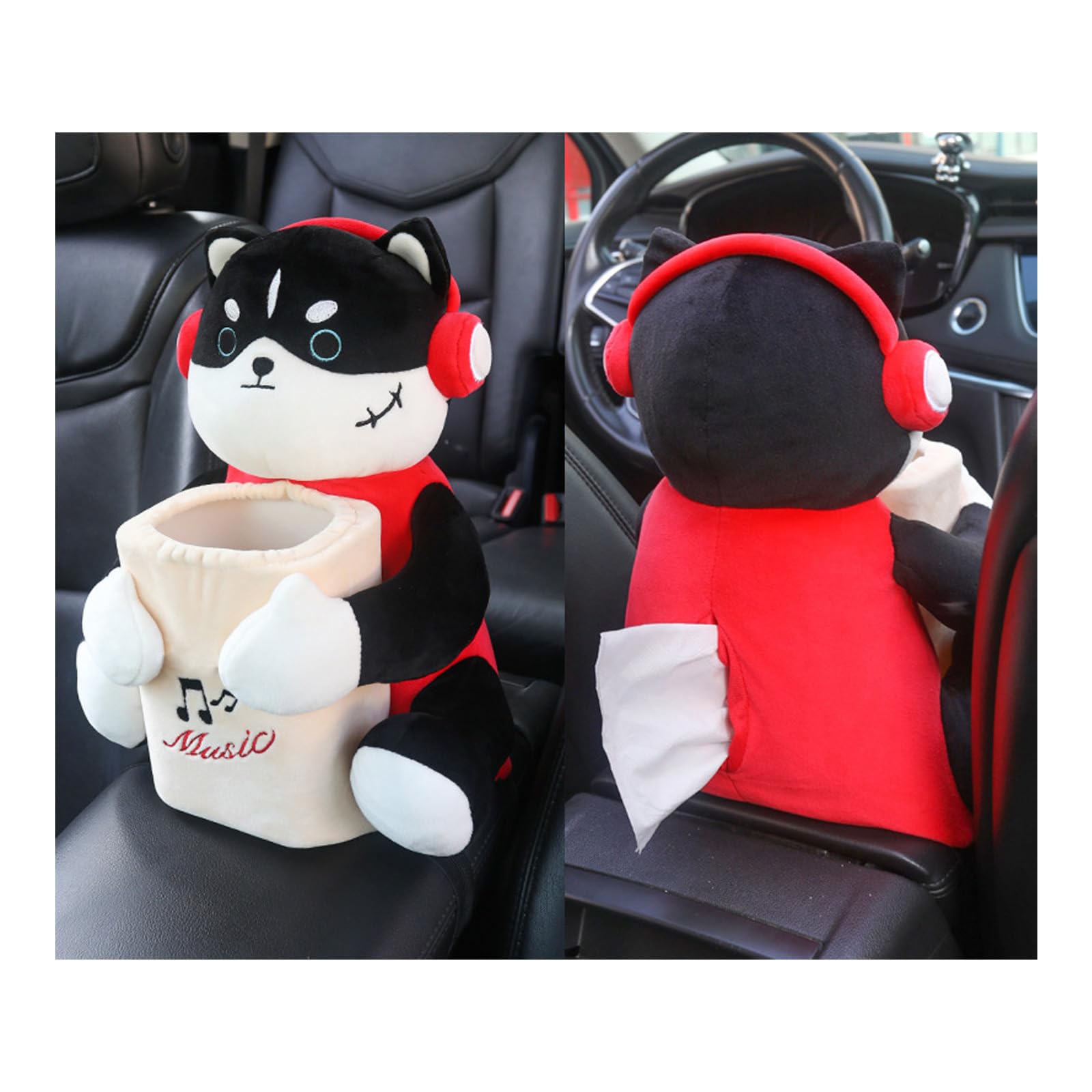Cute Plush Dog Car Tissue Box Holder - Hanging Storage Organizer for Cars, Cartoon Tissue Dispenser & Creative Armrest Garbage Can (Music Dog Style) - Perfect for Road Trips & Daily Commutes