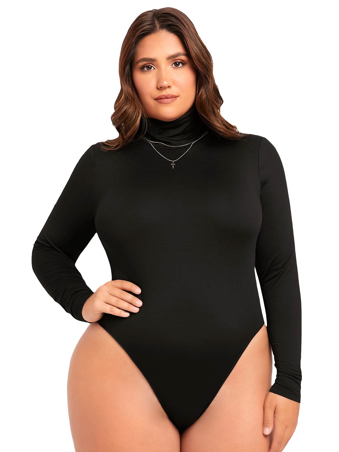 GORGLITTER Women's Plus Size Mock Neck Turtleneck Bodysuit - Long Sleeve Stretch T-Shirt & Leotard Top for Yoga, Workout & Casual Wear