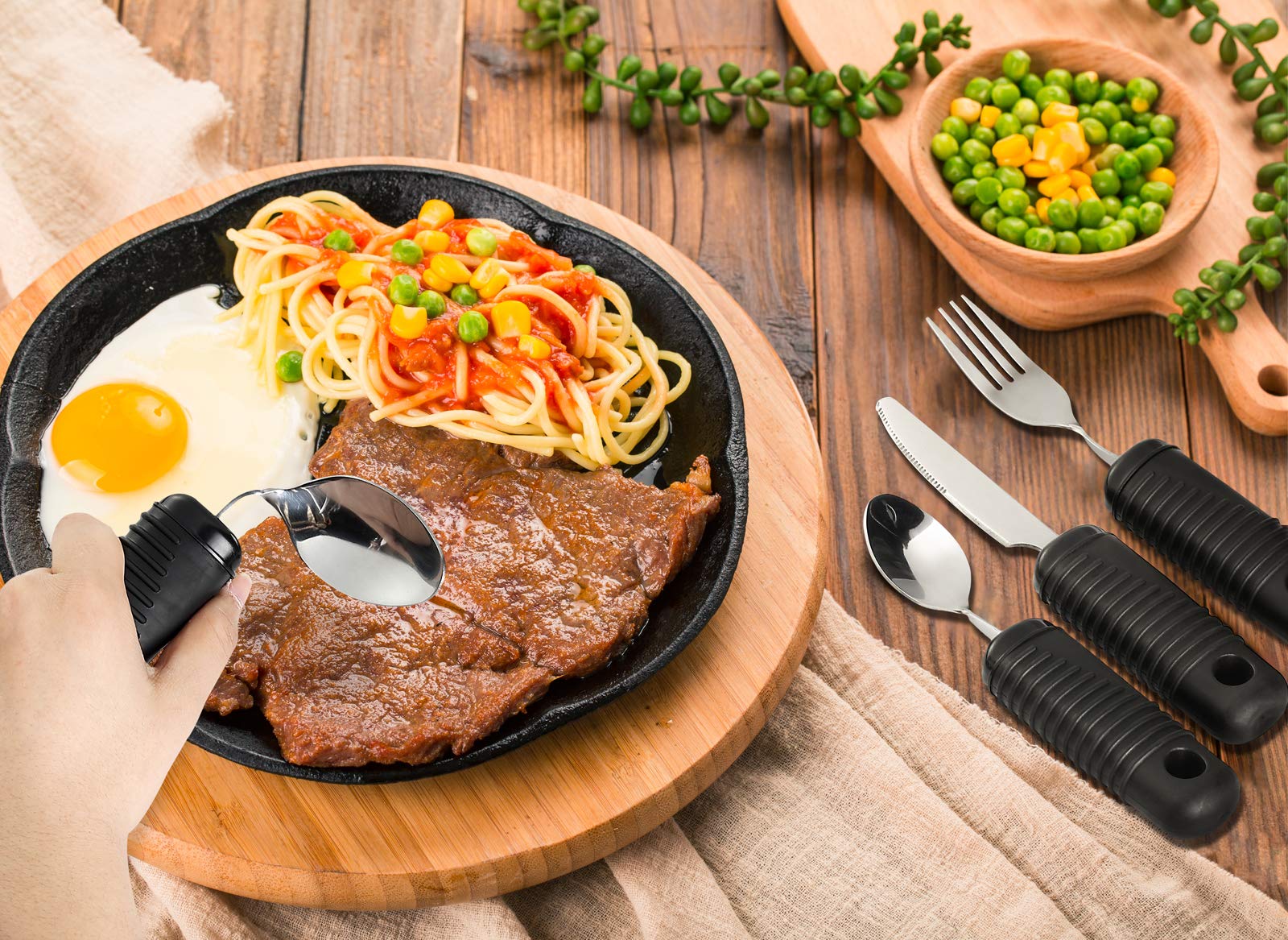 YPC Adaptive Utensils Set - 4 Piece Easy Grip Silverware for Adults & Elderly with Arthritis, Parkinson's or Hand Tremors - Bendable Fork, Teaspoon, Tablespoon & Knife - Ideal for Dining, Assisted Living & Home Care