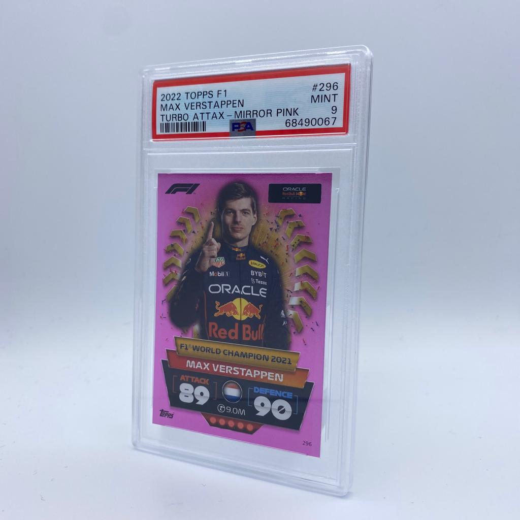 PSA 9 Graded Max Verstappen #296 Pink F1 World Champion Turbo Attax 2022 Trading Card - Perfect for F1 Collectors, Sports Memorabilia Enthusiasts, and Racing Fans Display