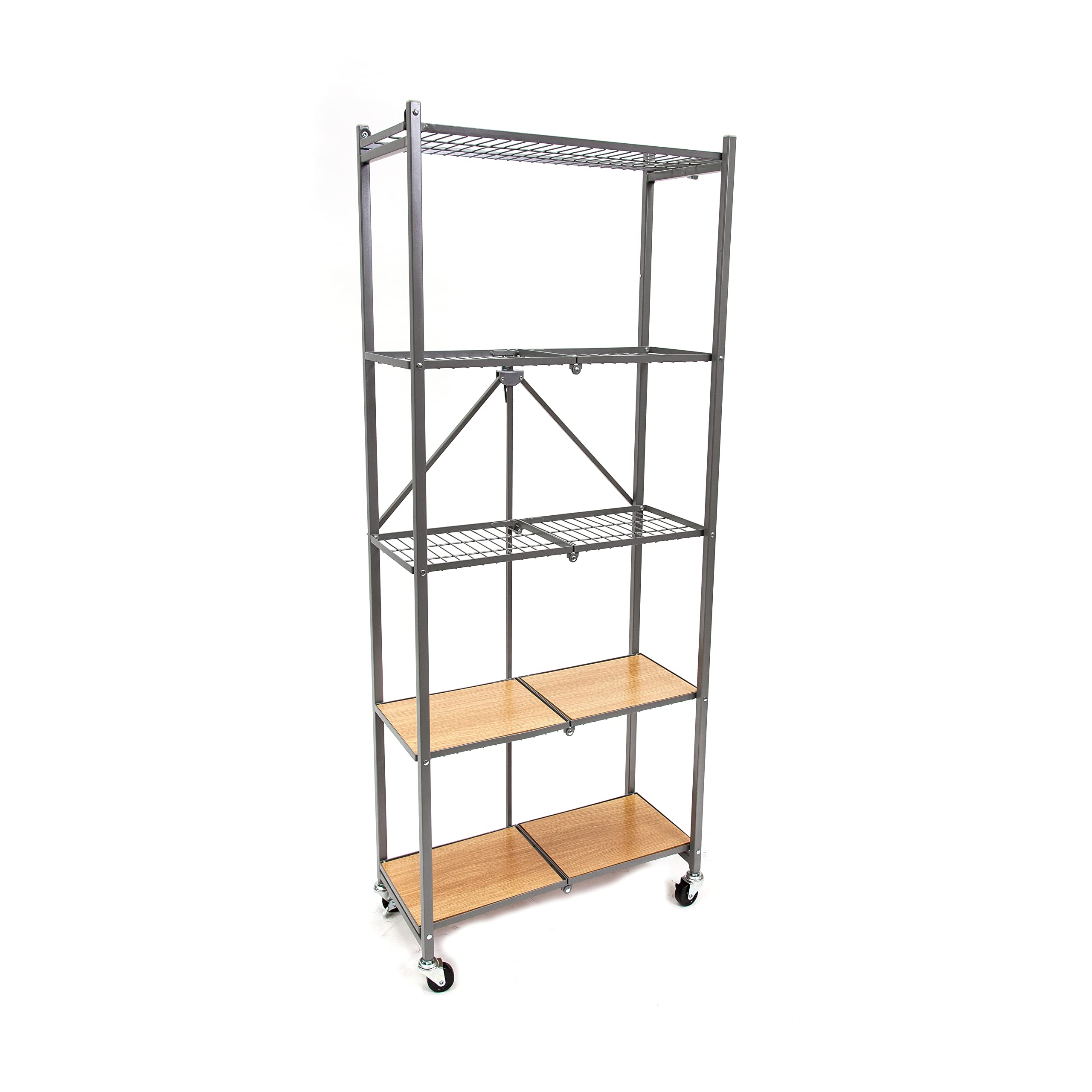 5-Tier Slim Pantry Wire Shelves with Wheels - Freestanding Kitchen Storage Organizer with 4 Wooden Inlays, No Assembly Required, 24