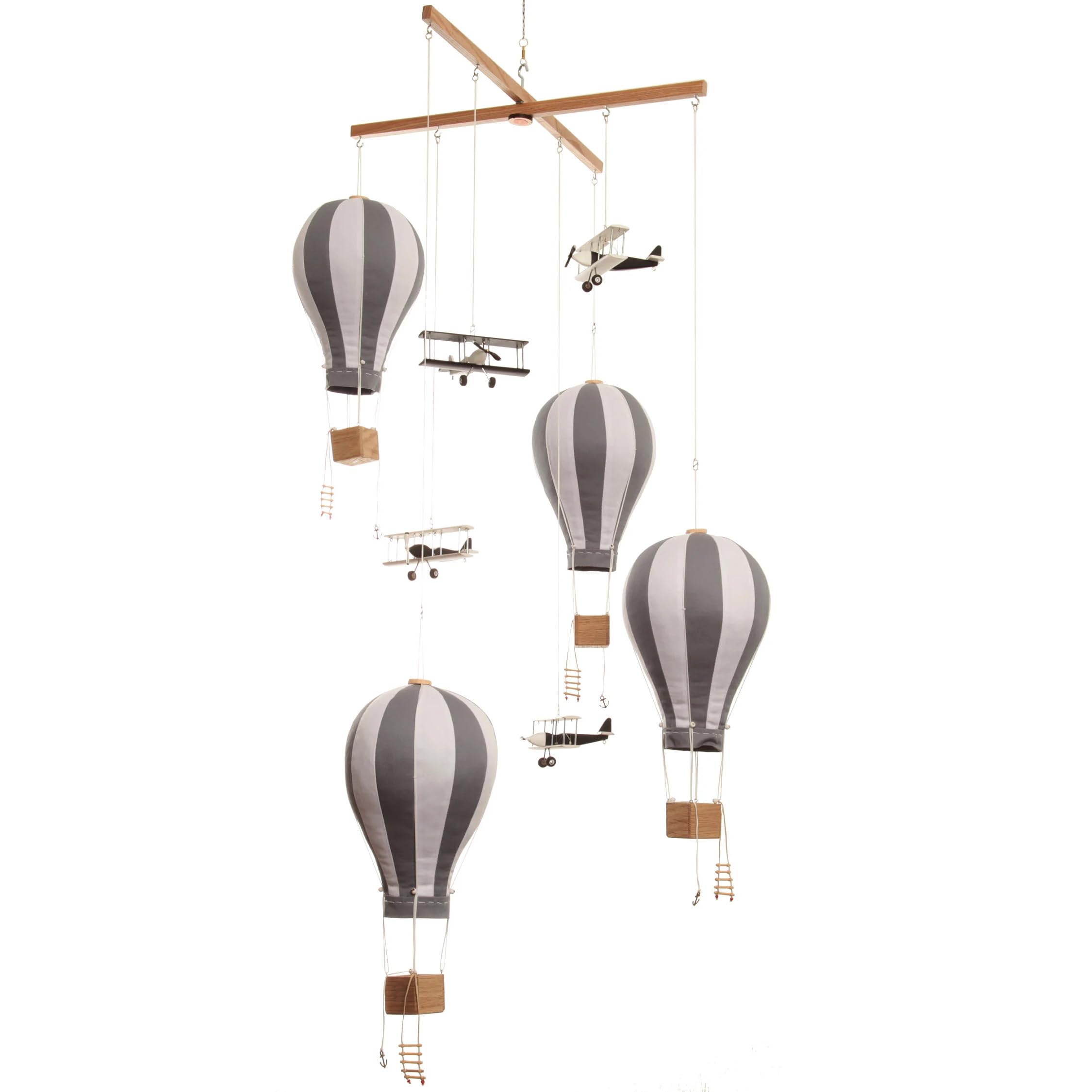 Large Hot Air Balloon & Airplane Ceiling Mobile - Wooden Airplane & Textile Balloons for Travel Theme Nursery Decor | Kids Room Hanging Decor in Gray, White & Black | Perfect Baby Shower Gift & Nursery Decoration