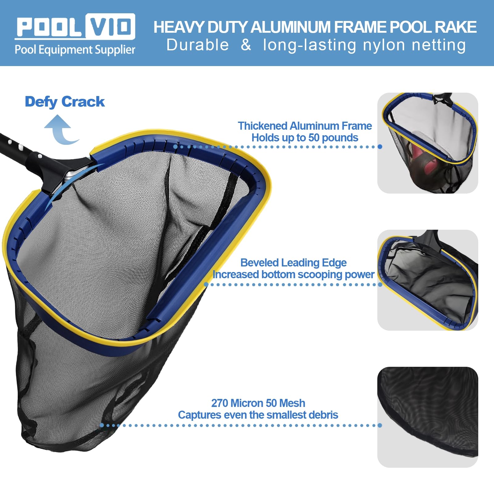 Poolvio 5-in-1 Pool Cleaning Kit - Semi-Deep Skimmer Net, Aluminum Leaf Rake, 20' Brush with 13ft Adjustable Pole - Perfect for Inground & Above Ground Pool Maintenance