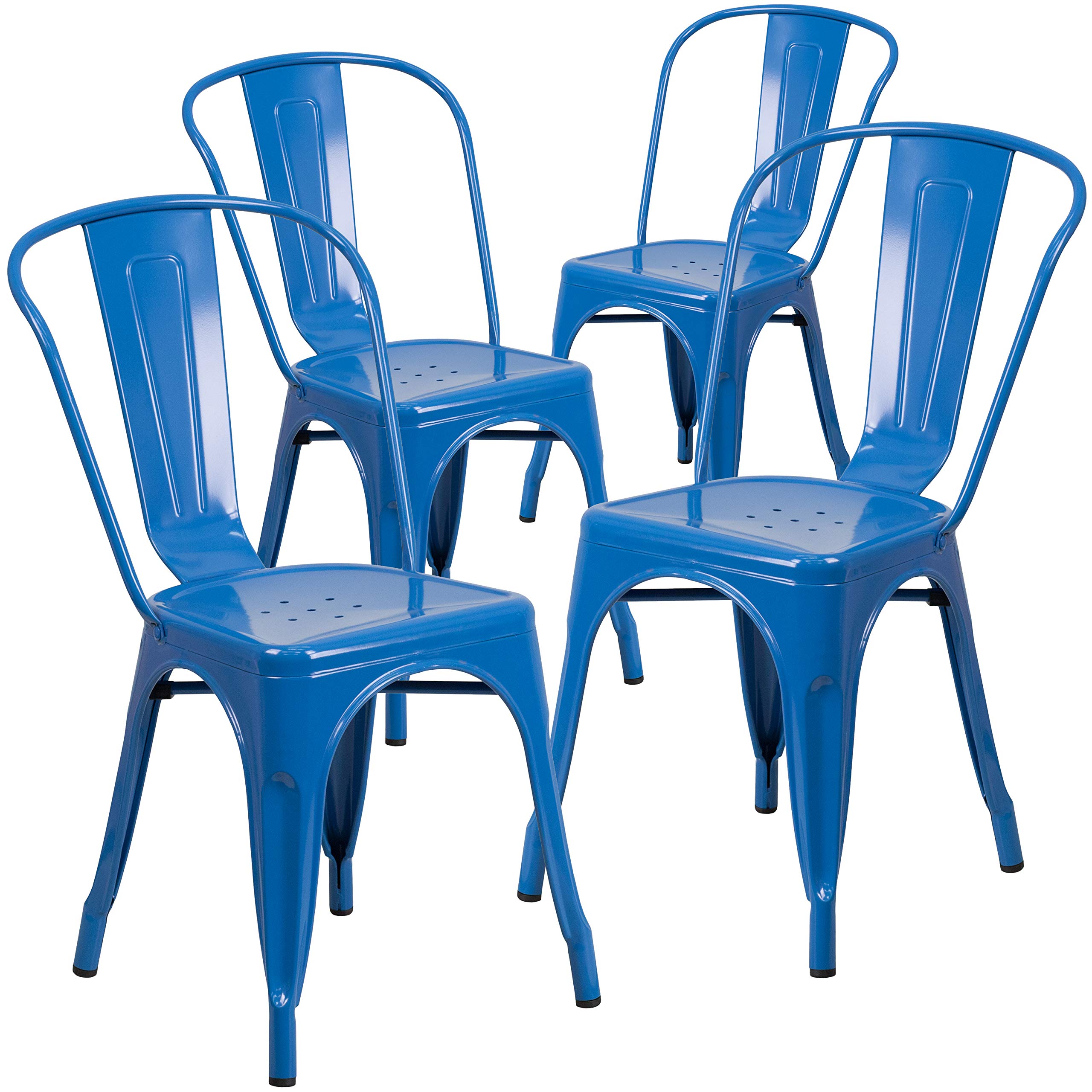 4 Pack Blue Metal Stackable Chairs for Indoor & Outdoor Use - Durable Bistro & Restaurant Chairs for Patio, Cafe, Garden, and Home Dining