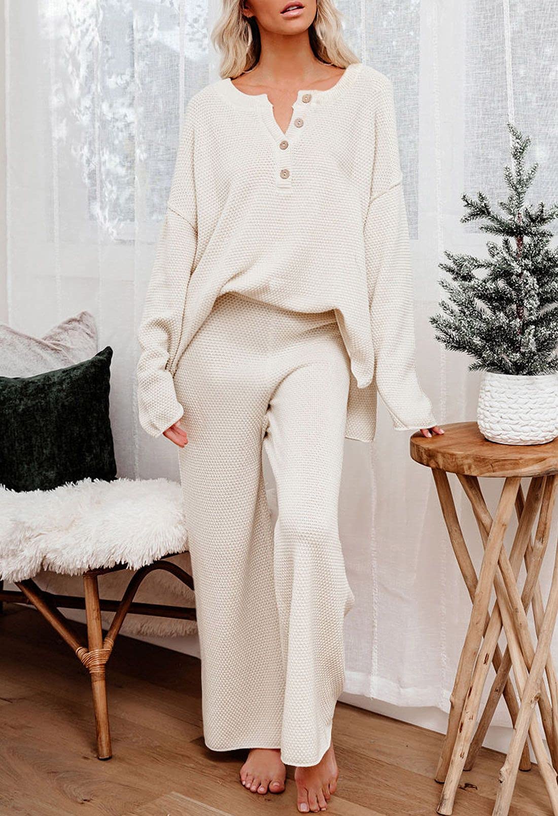 Women's 2-Piece Sweatsuit Set - V-Neck Waffle Knit Long Sleeve Sweater & Wide Leg Lounge Pants - Cozy Casual Outfit for Home, Travel & Relaxation