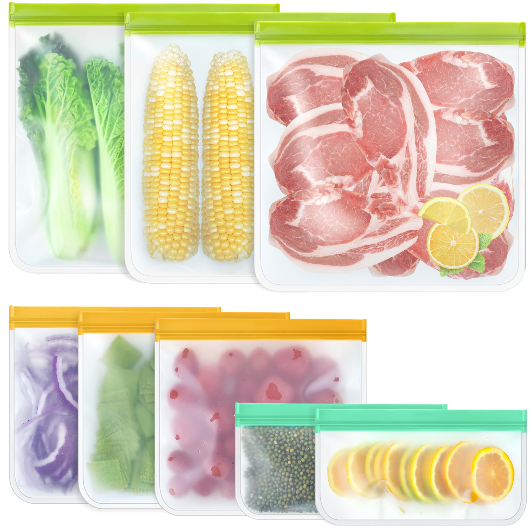 8 Pack Reusable Silicone Food Storage Bags - 3 Gallon Freezer Bags, 3 Sandwich Bags & 2 Snack Bags | Leakproof, Eco-Friendly Silicone Ziplock Bags for Meal Prep, Freezing, Lunch Packing & On-the-Go Snacks | Perfect for Home, Office & Travel