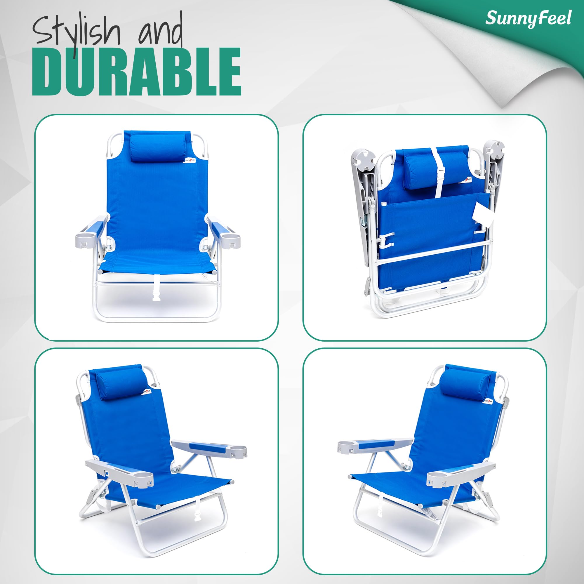 SUNNYFEEL Heavy Duty Folding Beach Chair - 500 lbs Capacity, 5-Position Recliner, Oversized Portable Camping Chair with Cup Holder - Lightweight & Durable for Outdoor, Beach, Travel, Picnics, and Backpacking - Perfect for Adults, Camping, and Relaxing by the Water