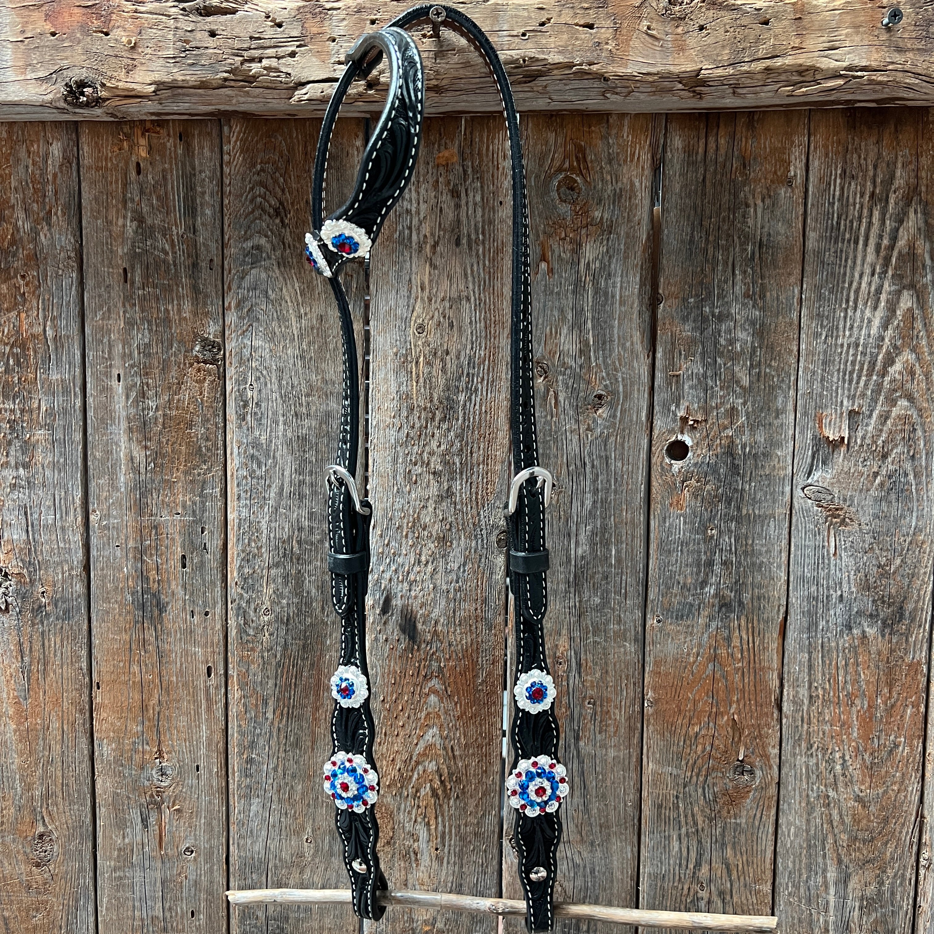 Black Floral Bright Red White and Blue Browband One Ear Tack Set #BBBC281 for Equestrian Horse Riding Show & Competition