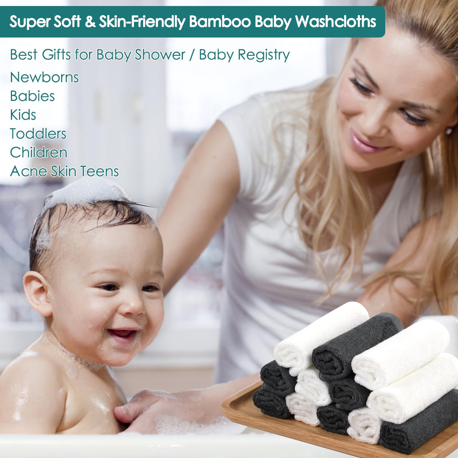 **6 Pack Baby Washcloths - 10x10 Inch Ultra Soft White Wash Cloths for Face & Body | Gentle & Hypoallergenic for Sensitive Skin | Newborn, Toddler & Kids Bath Essentials | Perfect for Bath Time, Diaper Changes & Travel**