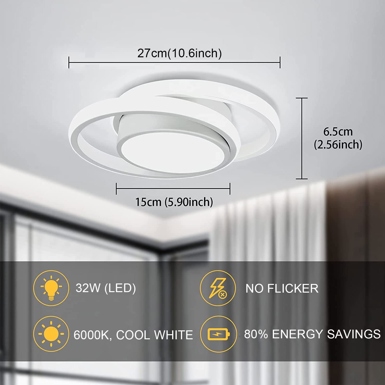 Modern LED Ceiling Light Fixture - 32W Round Close-to-Ceiling Lamp, 6000K Cool White for Bedroom, Hallway, Aisle & Corridor Lighting | Energy-Efficient Home & Office Interior Design Solution