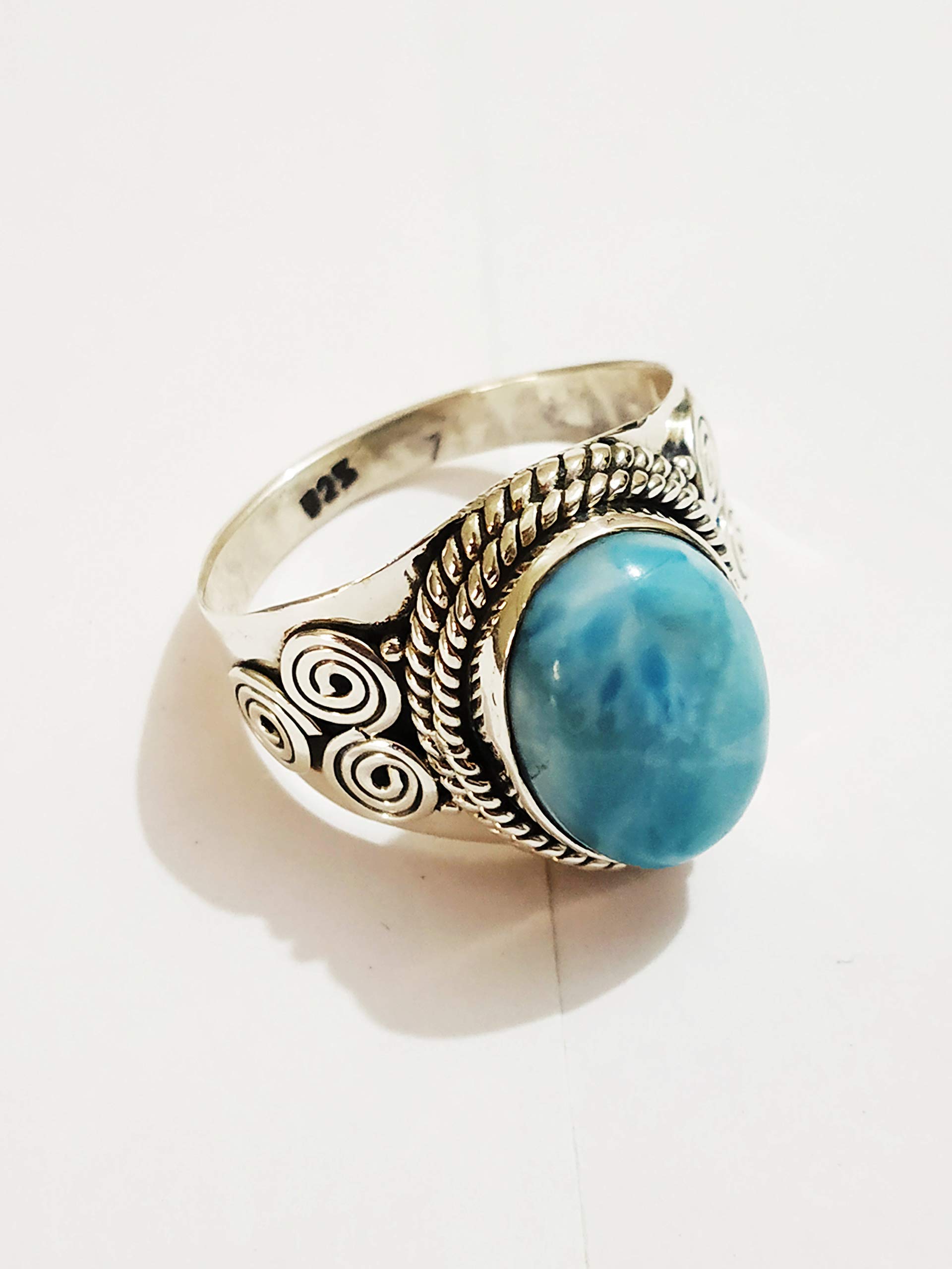 Larimar Ring - 925 Sterling Silver Sky Stone Ring | Dominican Larimar Jewelry | Boho Healing Vintage Style Ring | Perfect for Engagement, BFF Gifts & Spiritual Healing | Handmade Artisan Blue Stone Ring for Women