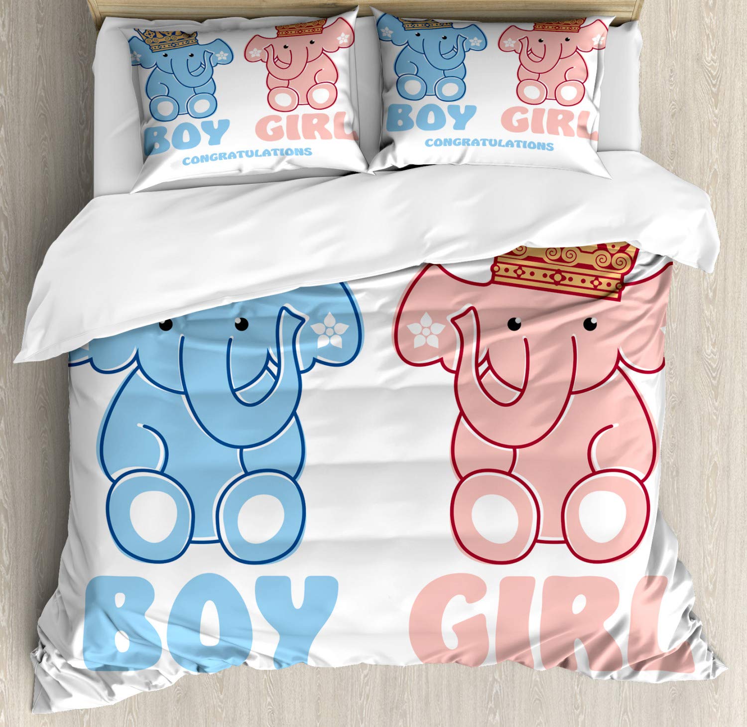 Ambesonne Gender Reveal Duvet Cover Set - Boy & Girl Twin Elephants with Royal Crowns, 3-Piece Nursery Bedding Set with 2 Pillow Shams, Queen Size in Blush Blue | Perfect for Baby Showers, Gender Reveal Parties & Twin Nursery Decor