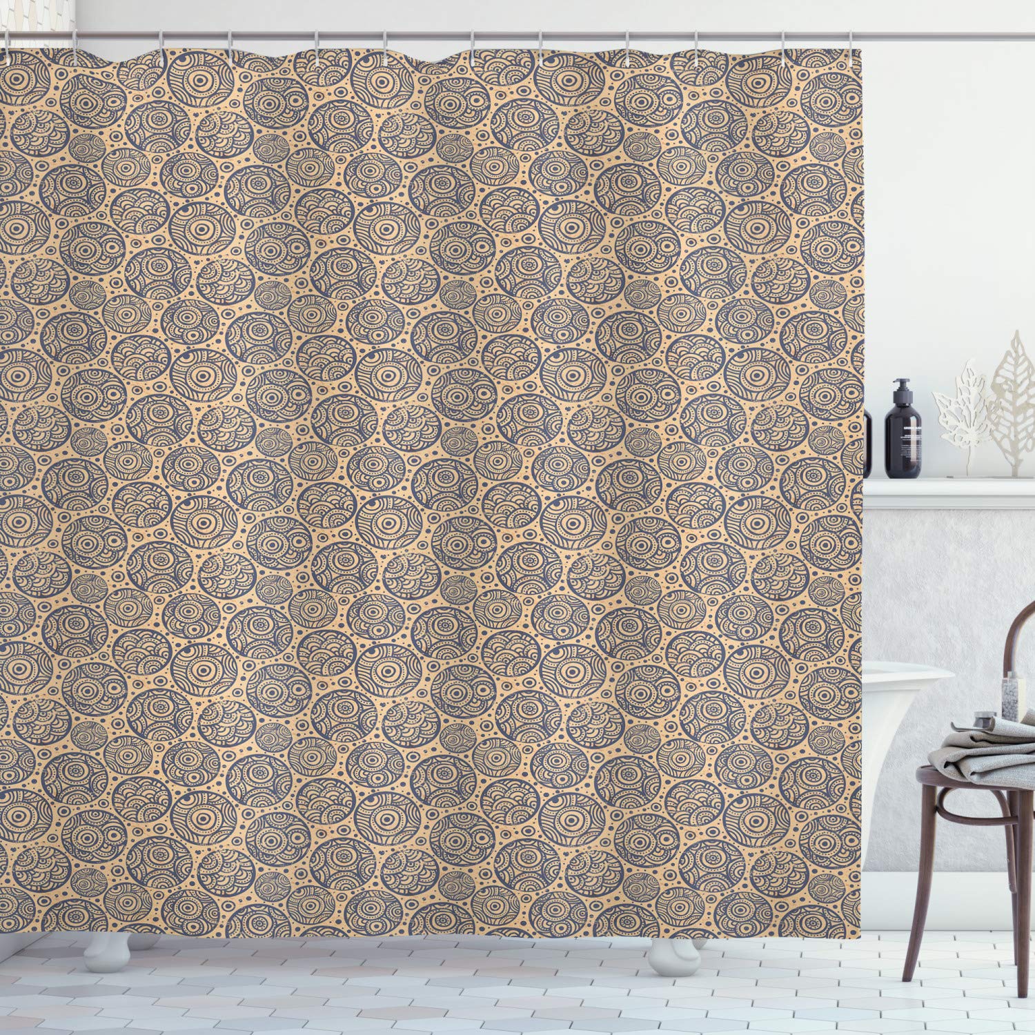 Ambesonne Abstract Shower Curtain with Rhythmic Circles & Dots Pattern - Pastel Brown Purple Blue Bathroom Decor Set with Hooks (69x70 inches) - Waterproof Fabric for Modern & Vintage Bathrooms