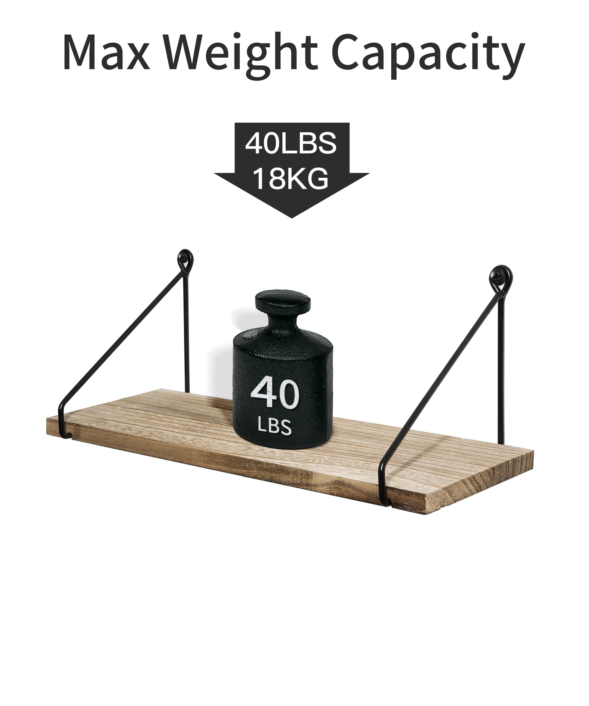 Rustic Floating Shelves for Wall - Set of 2 Wooden Storage Shelves with Metal Brackets - Perfect for Bathroom, Kitchen, Bedroom, Living Room & Office Decor - Farmhouse Style Home Accessories for Organizing & Displaying Items