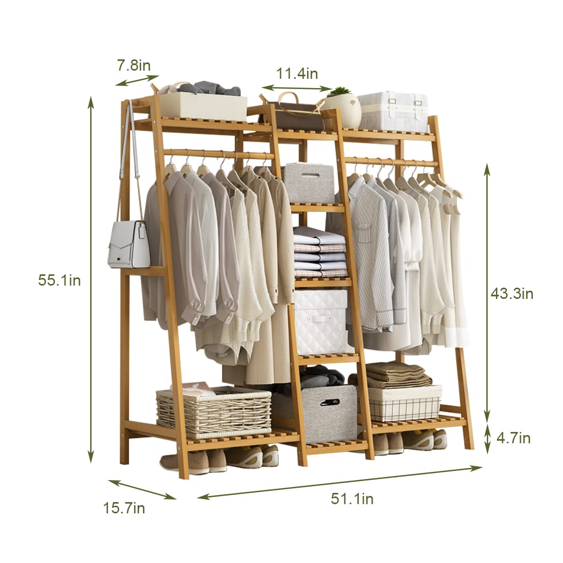 Portable Bamboo Clothes Rack with 2 Shelves, Multifunctional Floor Standing Garment Rack, Easy to Assemble (130x40x140cm) - Perfect for Bedroom, Closet Organization & Small Space Storage