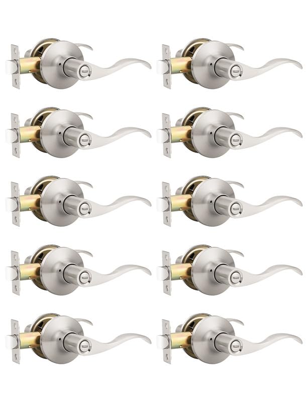 Mengico 10 Pack Satin Nickel Privacy Door Lever - Modern Interior Door Knobs & Locks for Bedroom, Bathroom & Closet - Heavy Duty Reversible Wave Lever Handle for Home, Office & Commercial Use