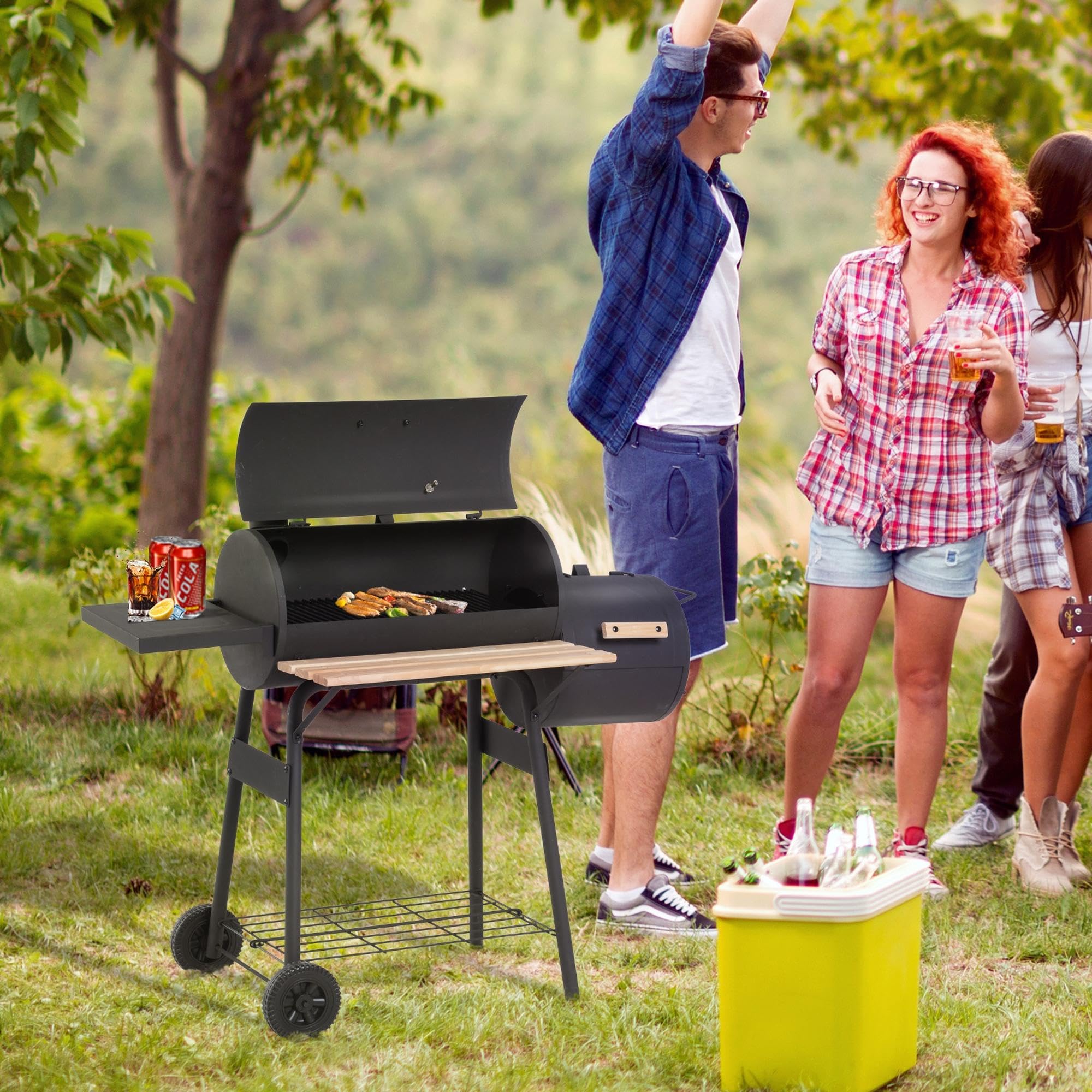 Outsunny 48 Inch Portable Charcoal BBQ Grill with Wheels - 232 Sq In Steel Outdoor Smoker Grill with Storage Shelf - Ideal for Backyard, Camping, Picnic & Tailgating - Black