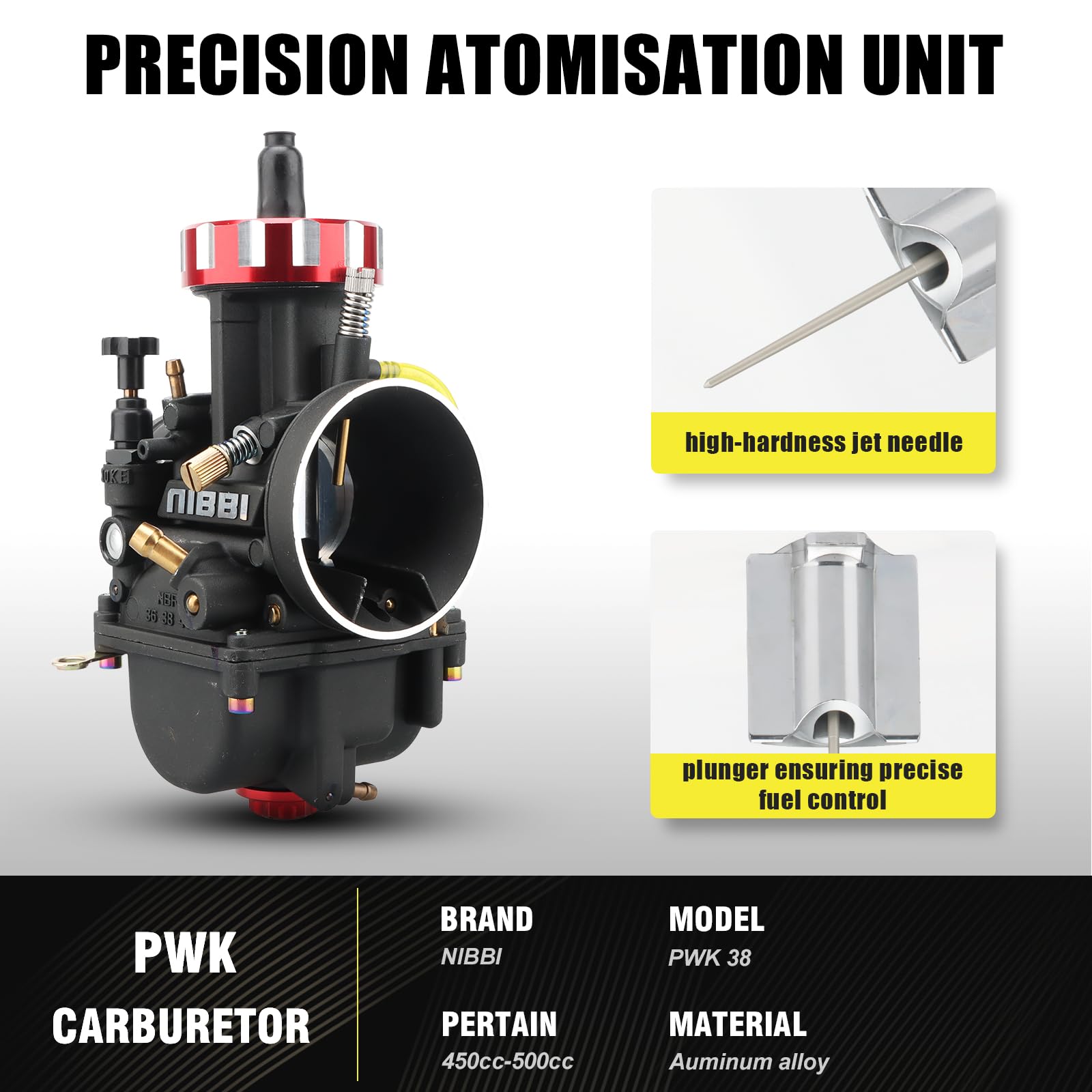 NIBBI PWK38mm Carburetor for 450cc-500cc Motorcycle Engines with Carb Jets - Compatible with Dirt Bikes, Mini Bikes, Pit Bikes, GY6 & ATVs - High Performance Air Fuel Mixture for Off-Road Racing & Trail Riding